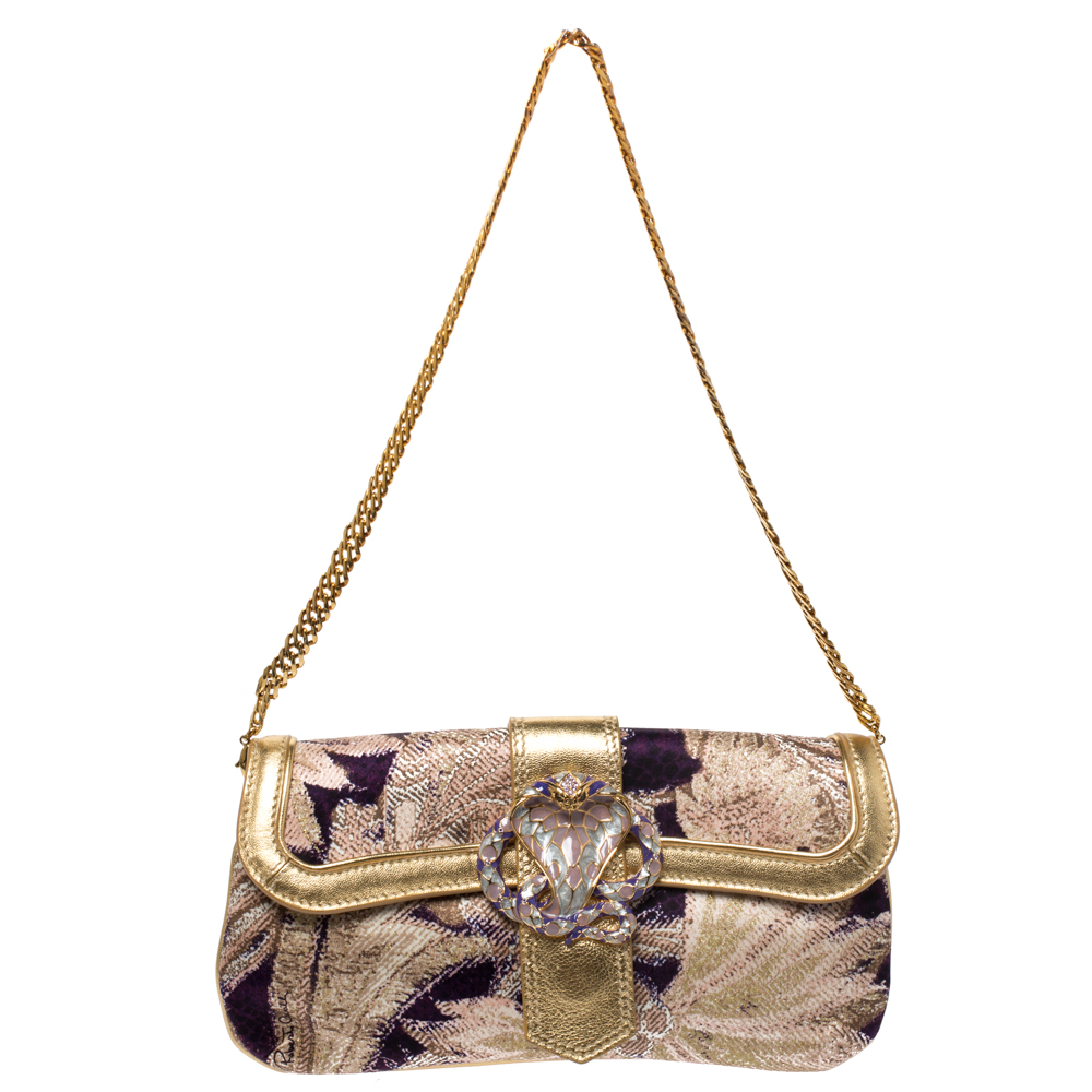 مملوكة مسبقًا Roberto Cavalli Multicolor Printed Satin and Leather Chain Clutch
