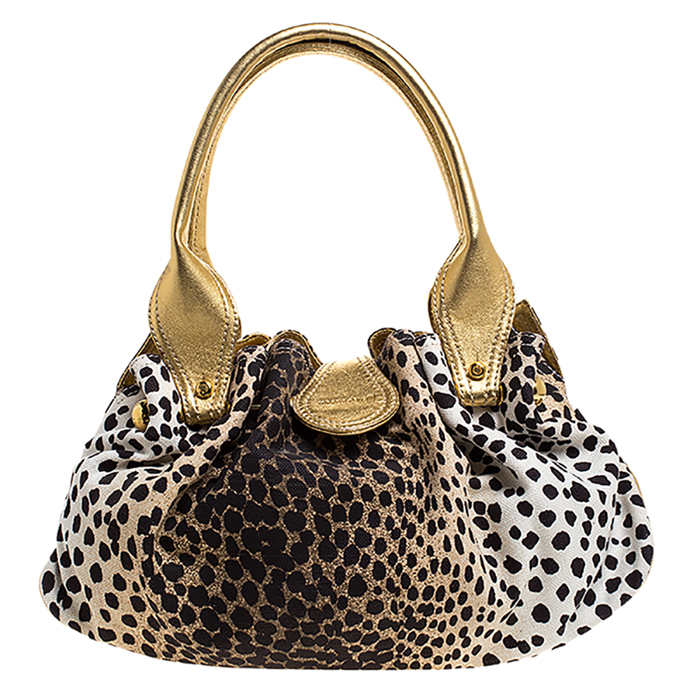 Pre-owned Roberto Cavalli Beige/gold Leopard Print Canvas And Leather Satchel