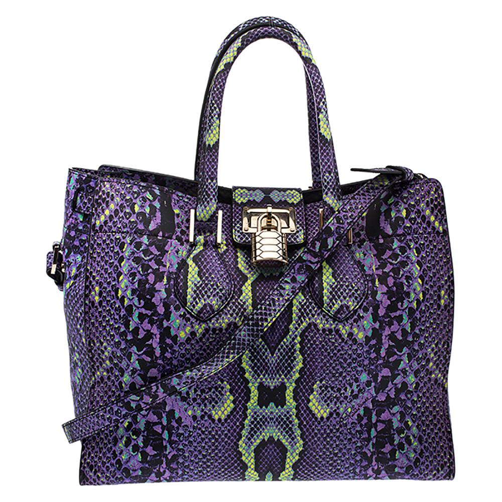مملوكة مسبقًا Roberto Cavalli Purple Snakeskin Effect Leather Tote 