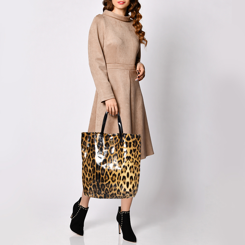 

Roberto Cavalli Beige/Black Leopard Print Coated Canvas Tote