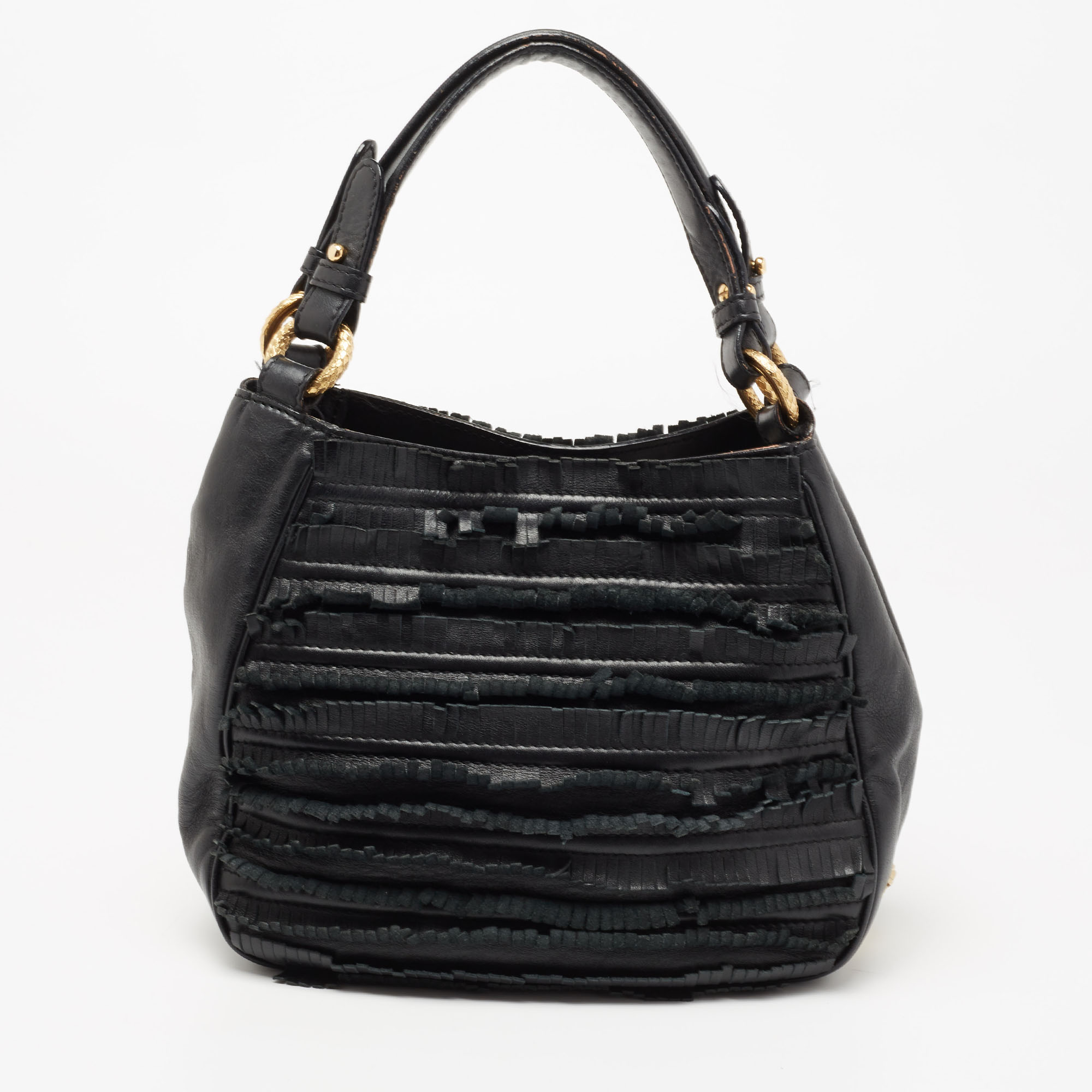 Pre-owned Roberto Cavalli Black Leather Fringed Hobo