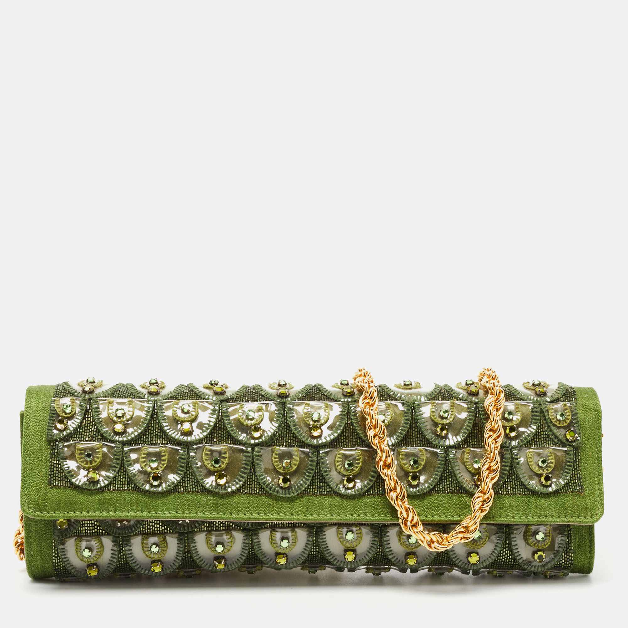 Pre-owned Roberto Cavalli Green Fabric And Pvc Embellished Chain Clutch