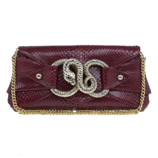 Pre Owned Roberto Cavalli Red Python Embellished Elaphe Clutch
