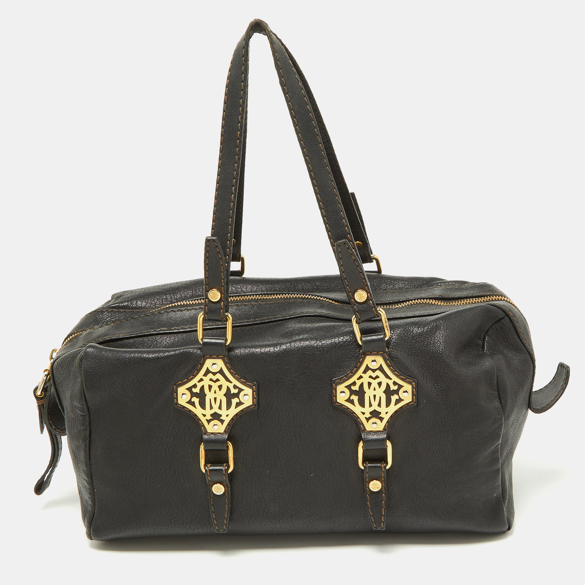 Pre-owned Roberto Cavalli Black Leather Zip Detail Duffle Bag