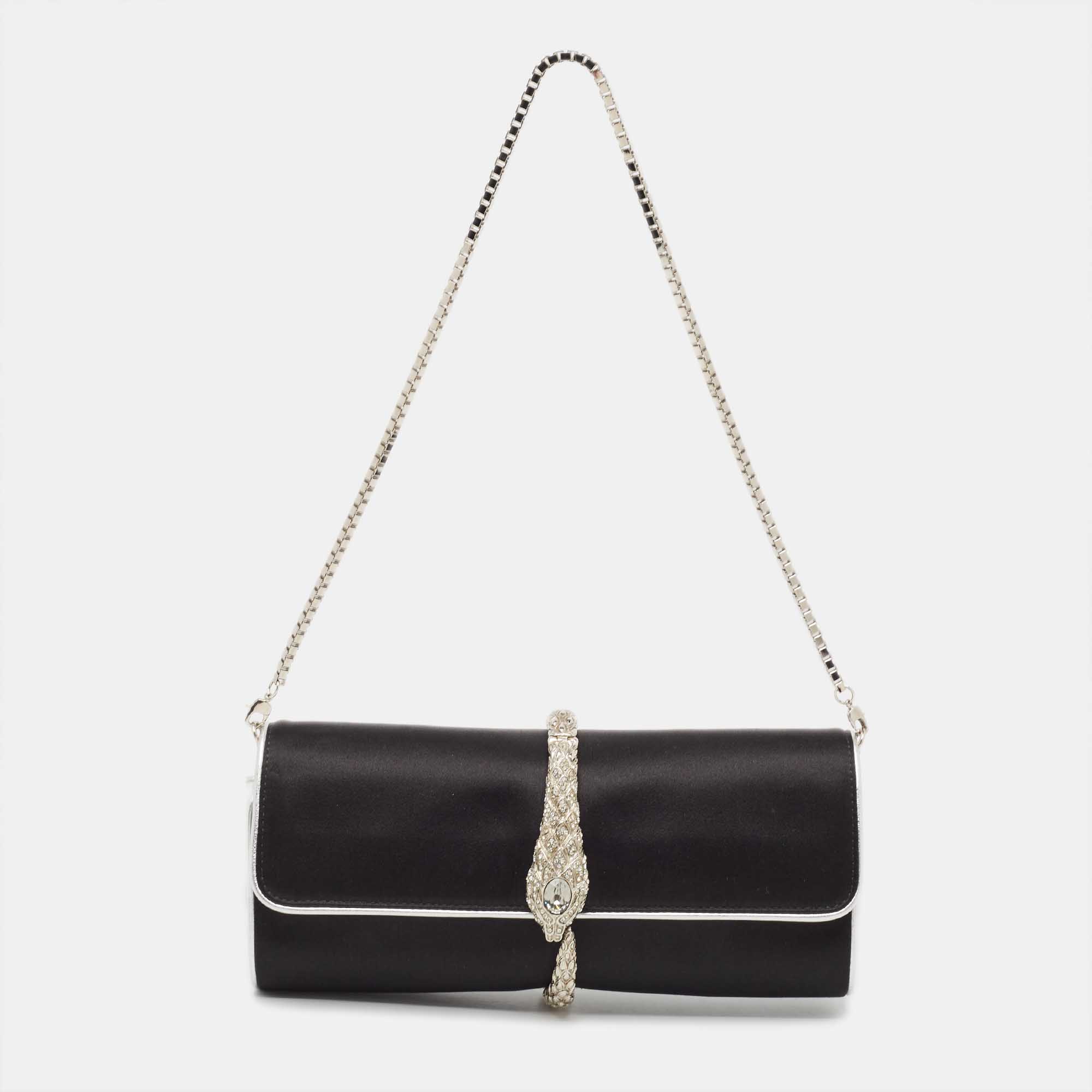 

Roberto Cavalli Black/Silver Satin and Leather Snake Embellished Chain Clutch