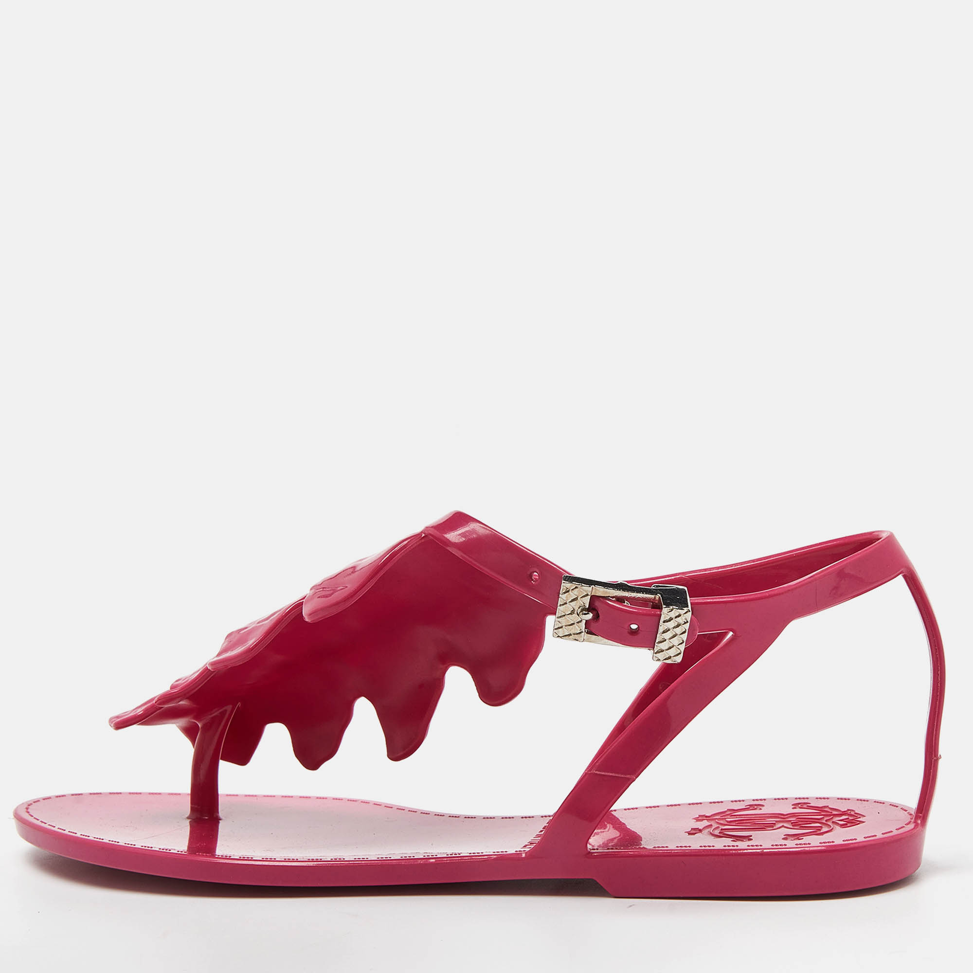 

Roberto Cavalli Pink Rubber Ankle Strap Flat Sandals Size