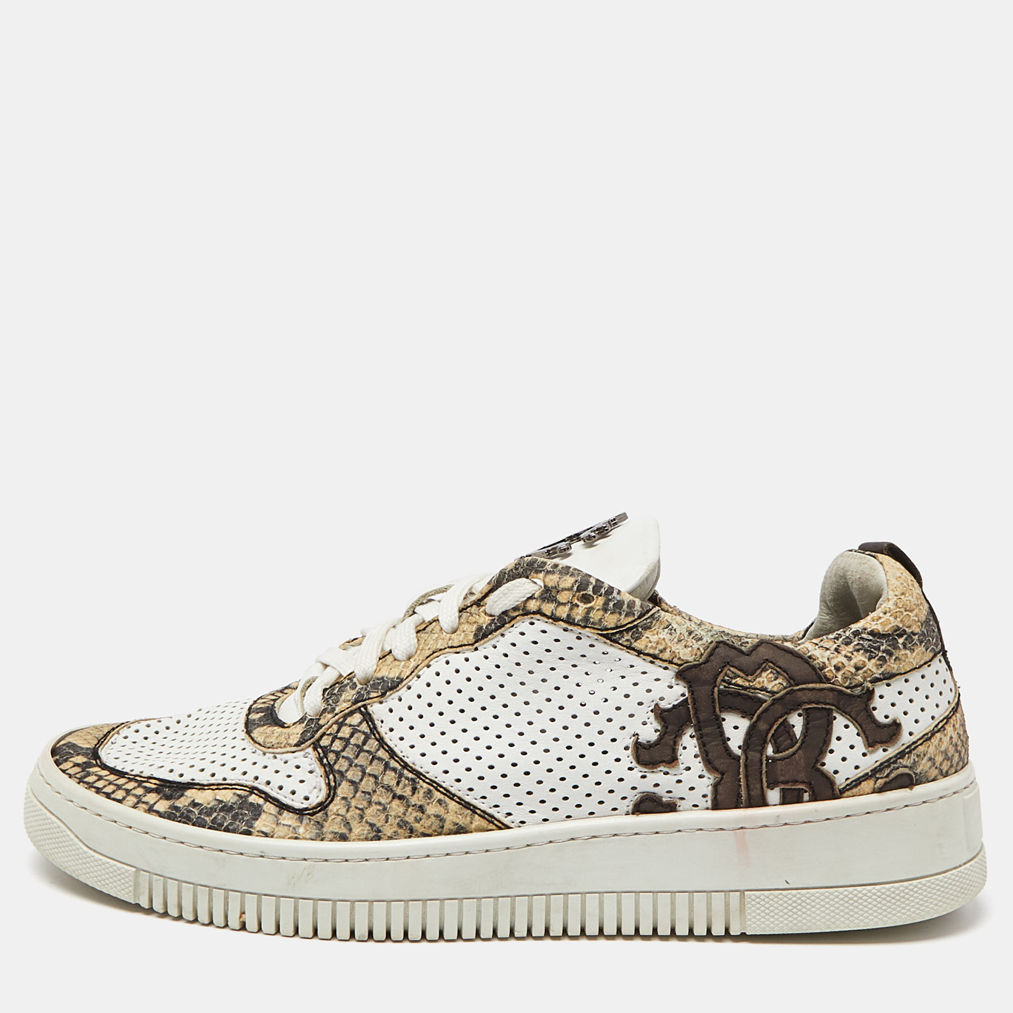 

Roberto Cavalli White/Beige Perforated Python Embossed Leather Low Top Sneakers Size