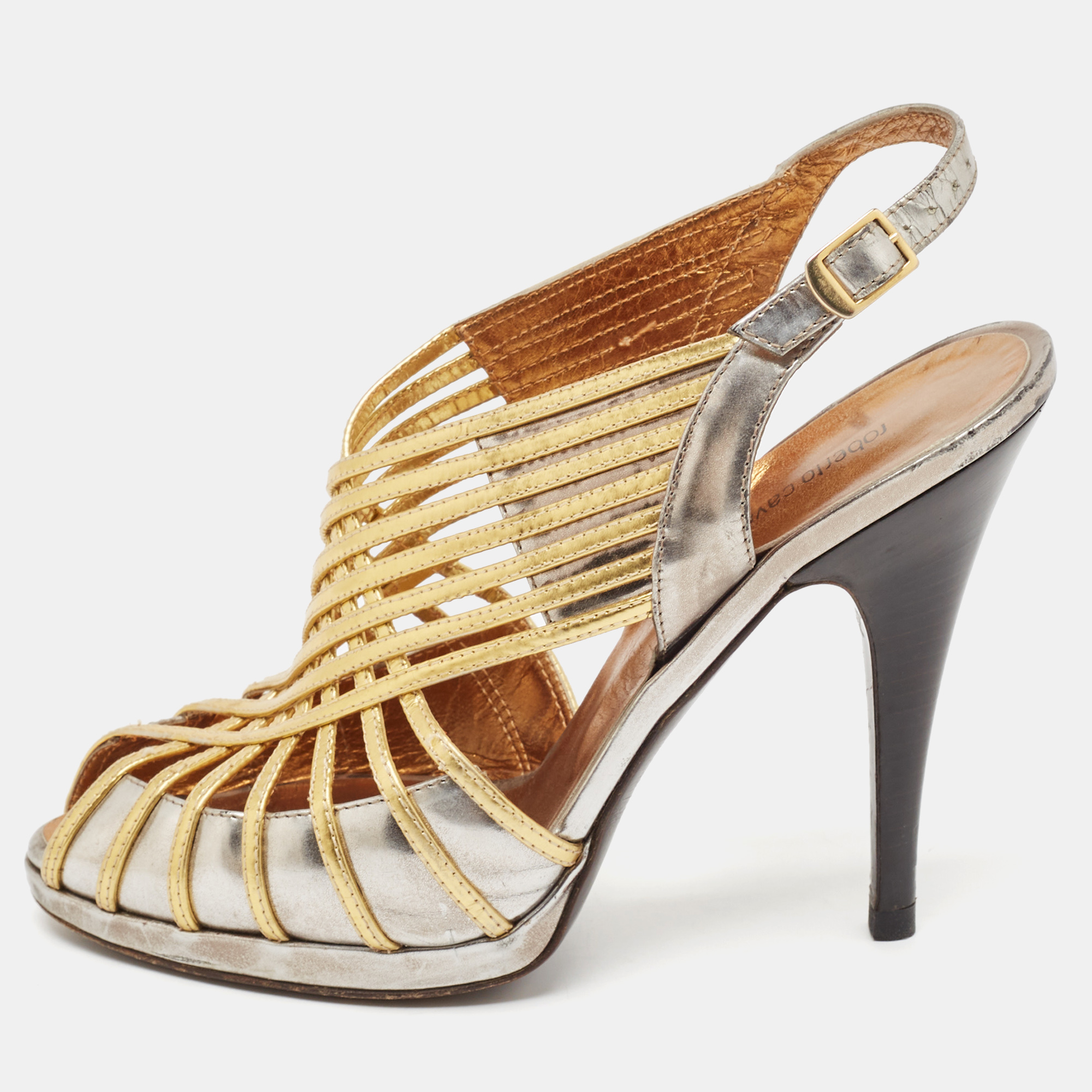 

Roberto Cavalli Silver/Gold Leather Strappy Slingback Sandals Size