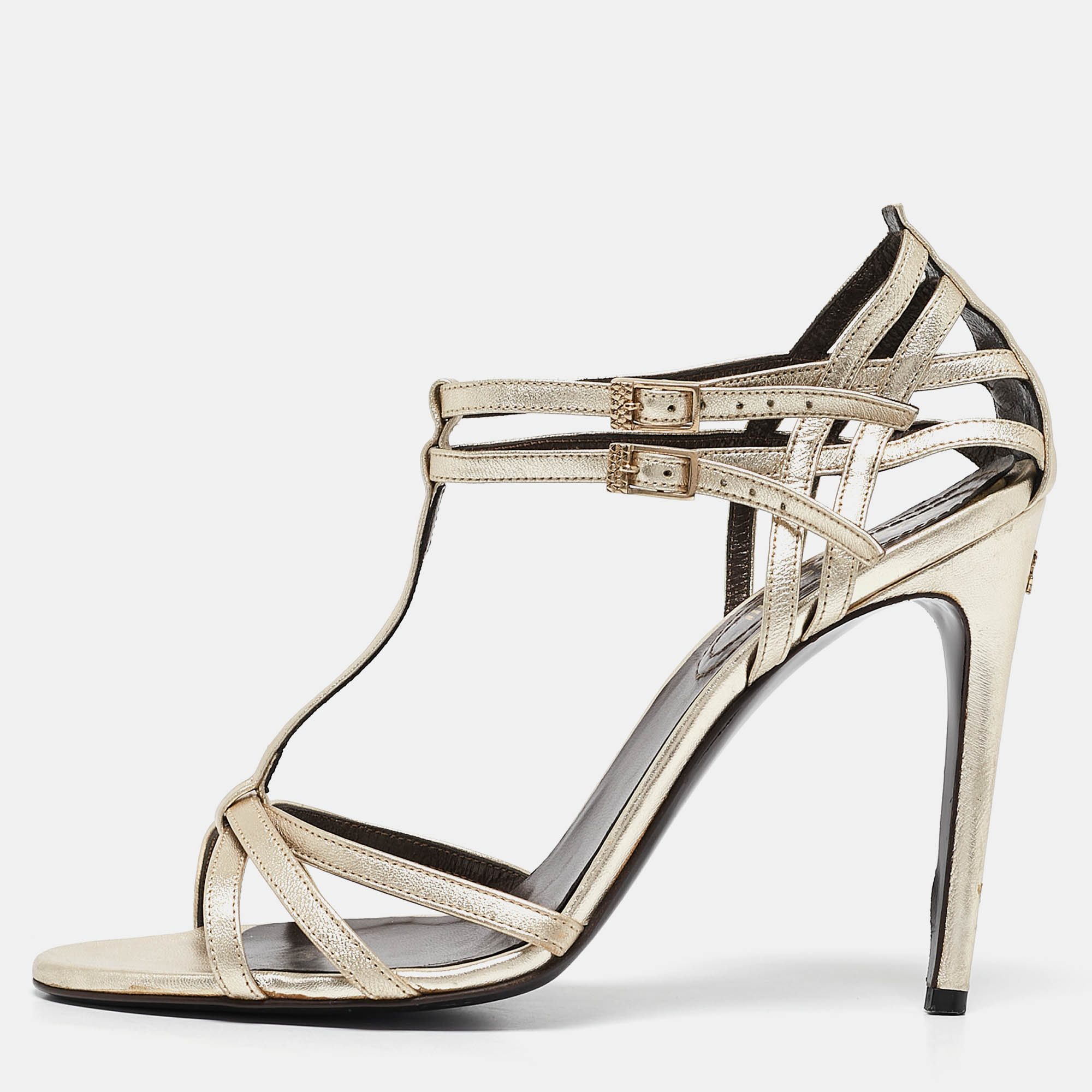 

Roberto Cavalli Metallic Gold Leather Ankle Strap Sandals Size