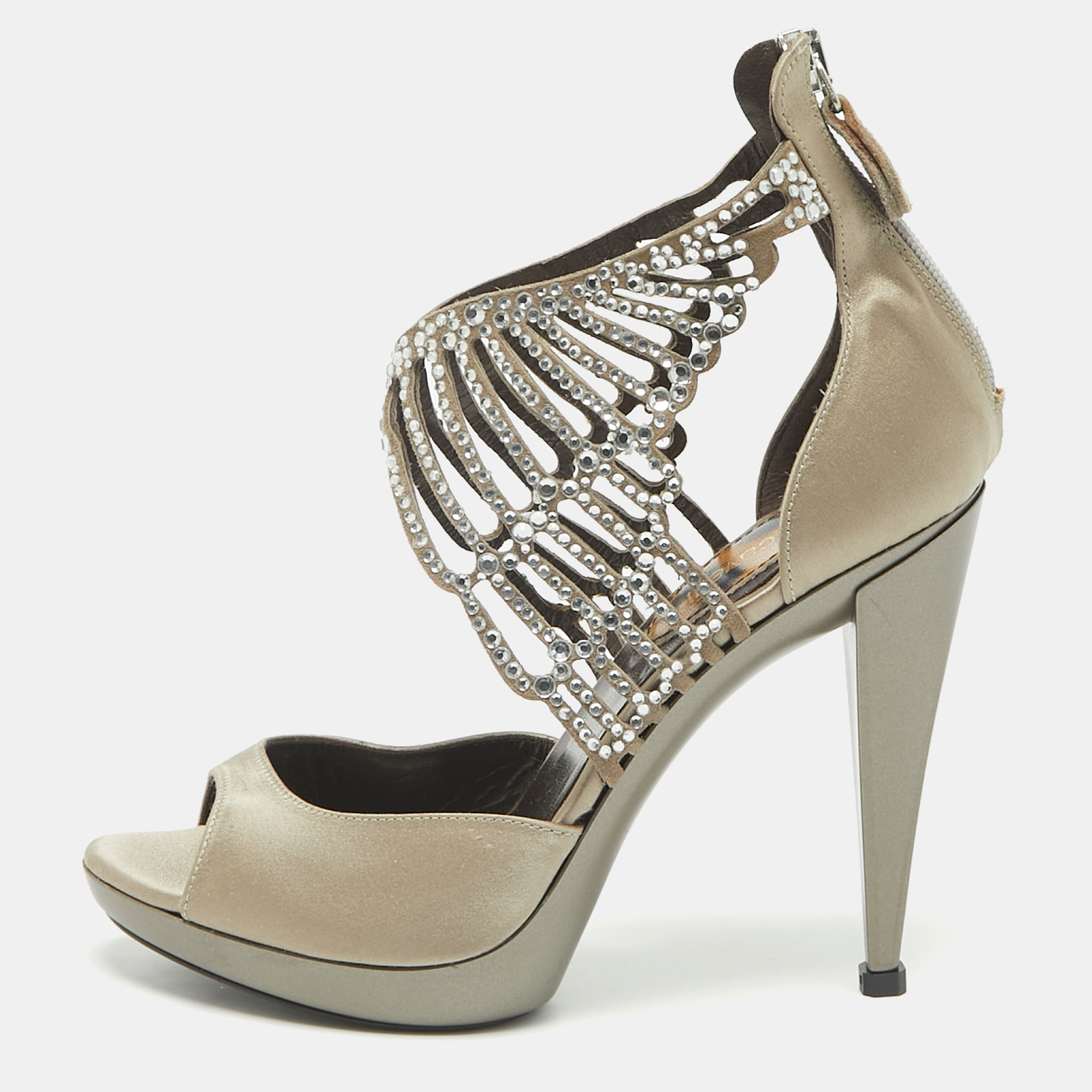 

Roberto Cavalli Grey Satin Embellished Crystal Embellished Ankle Strap Sandals Size