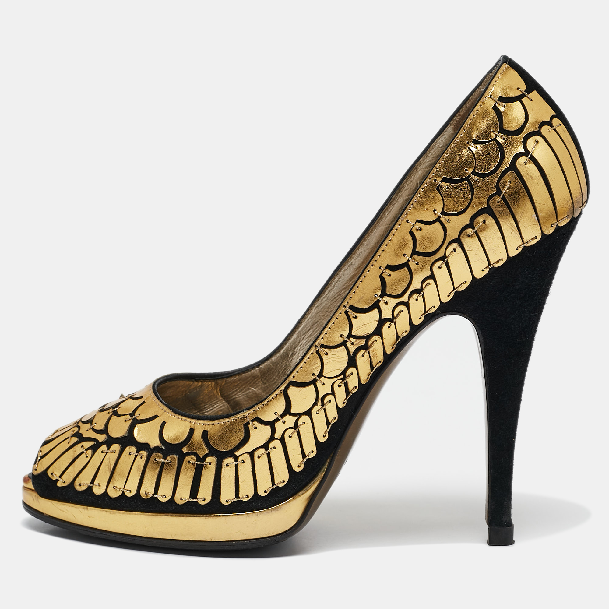 

Roberto Cavalli Gold/Black Suede Leather Fish Scale Peep Toe Platform Pumps Size