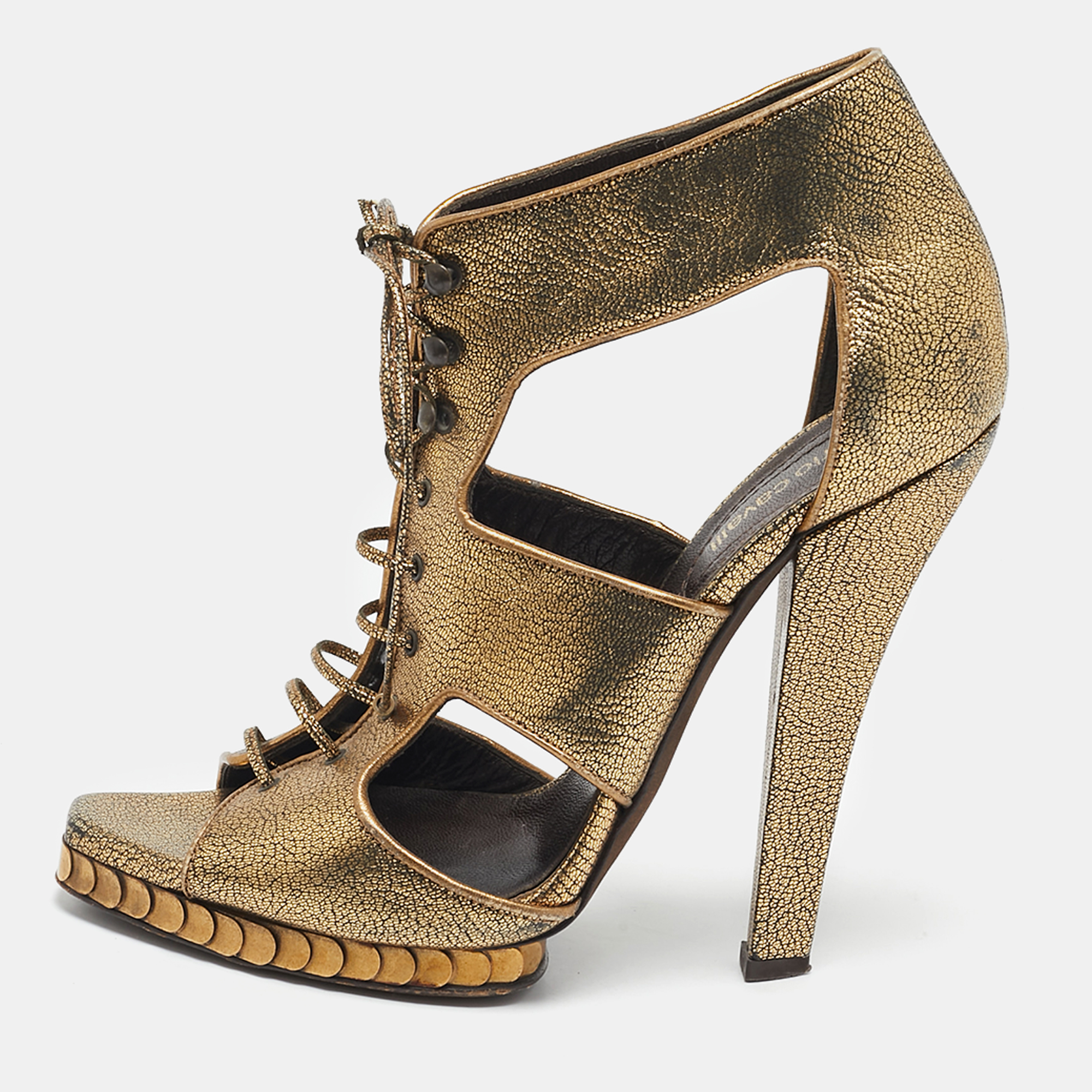 

Roberto Cavalli Gold Leather Cut Out Lace Up Booties Size 39