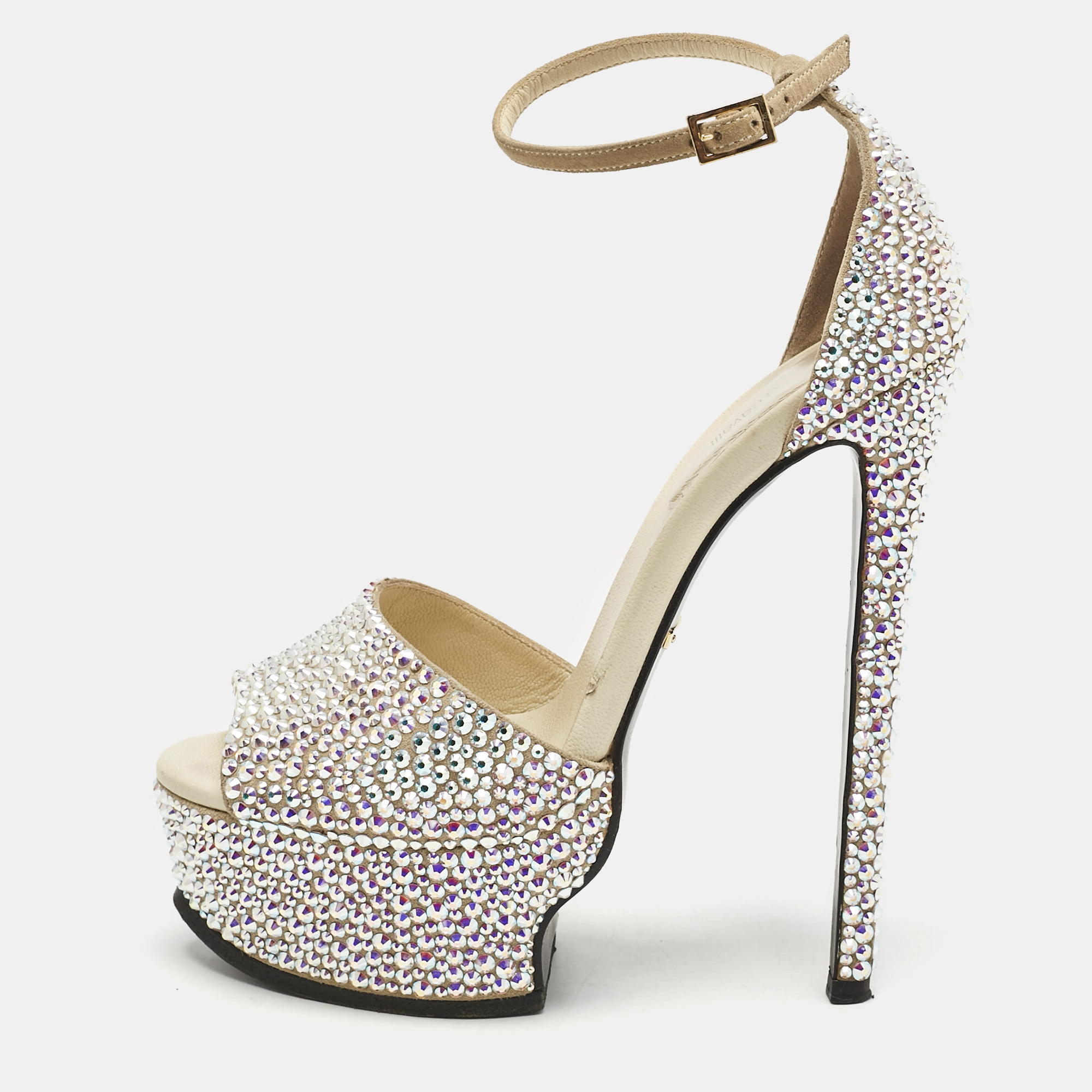 

Roberto Cavalli Beige Suede Crystals Embellished Platform Sandals Size