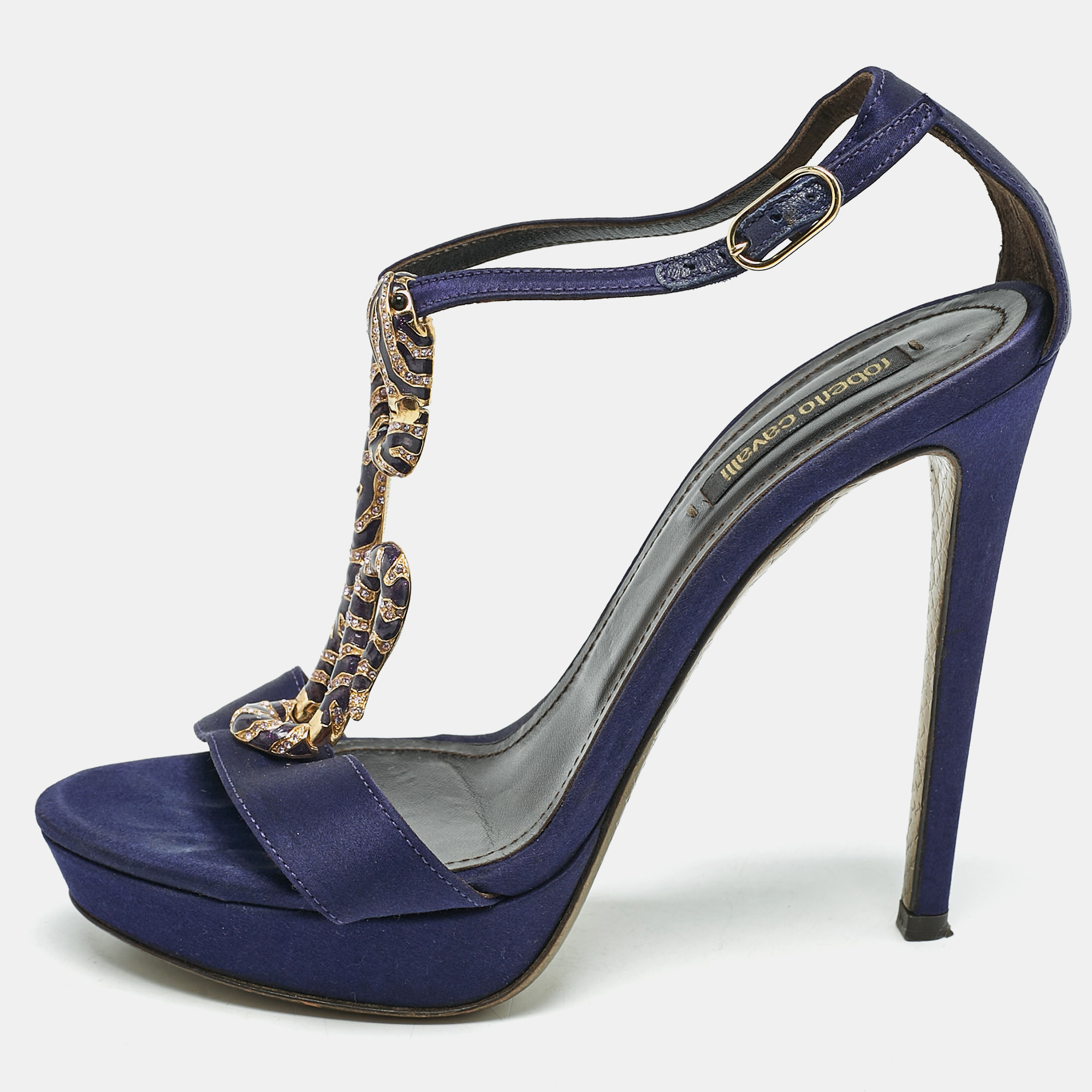 

Roberto Cavalli Purple Satin Snake Embellished T-Strap Sandals Size