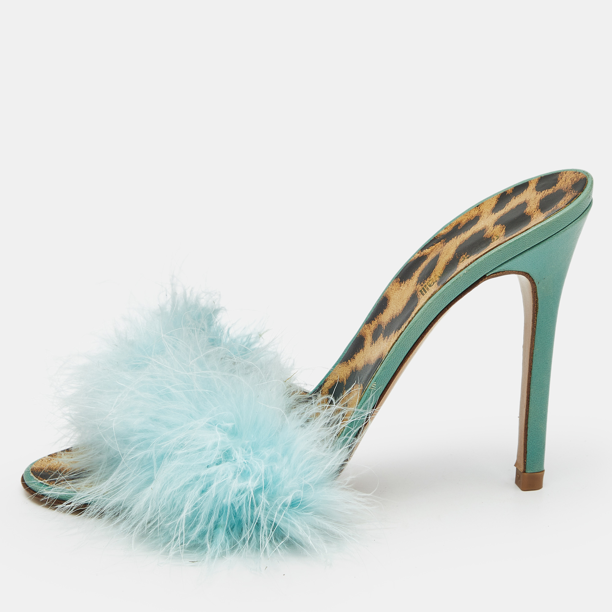 

Roberto Cavalli Blue Feather and Leather Leopard Print Slide Sandals Size
