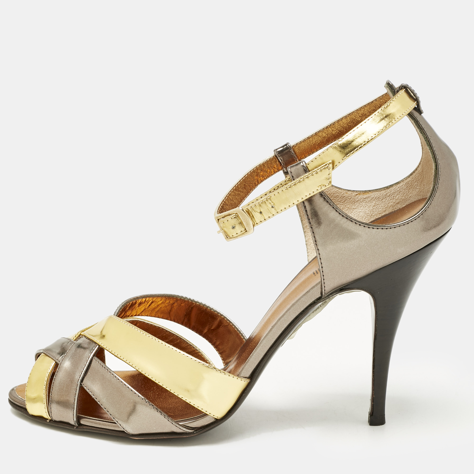 

Roberto Cavalli Metallic Gold/Grey Patent Leather Strappy Ankle Strap Sandals Size