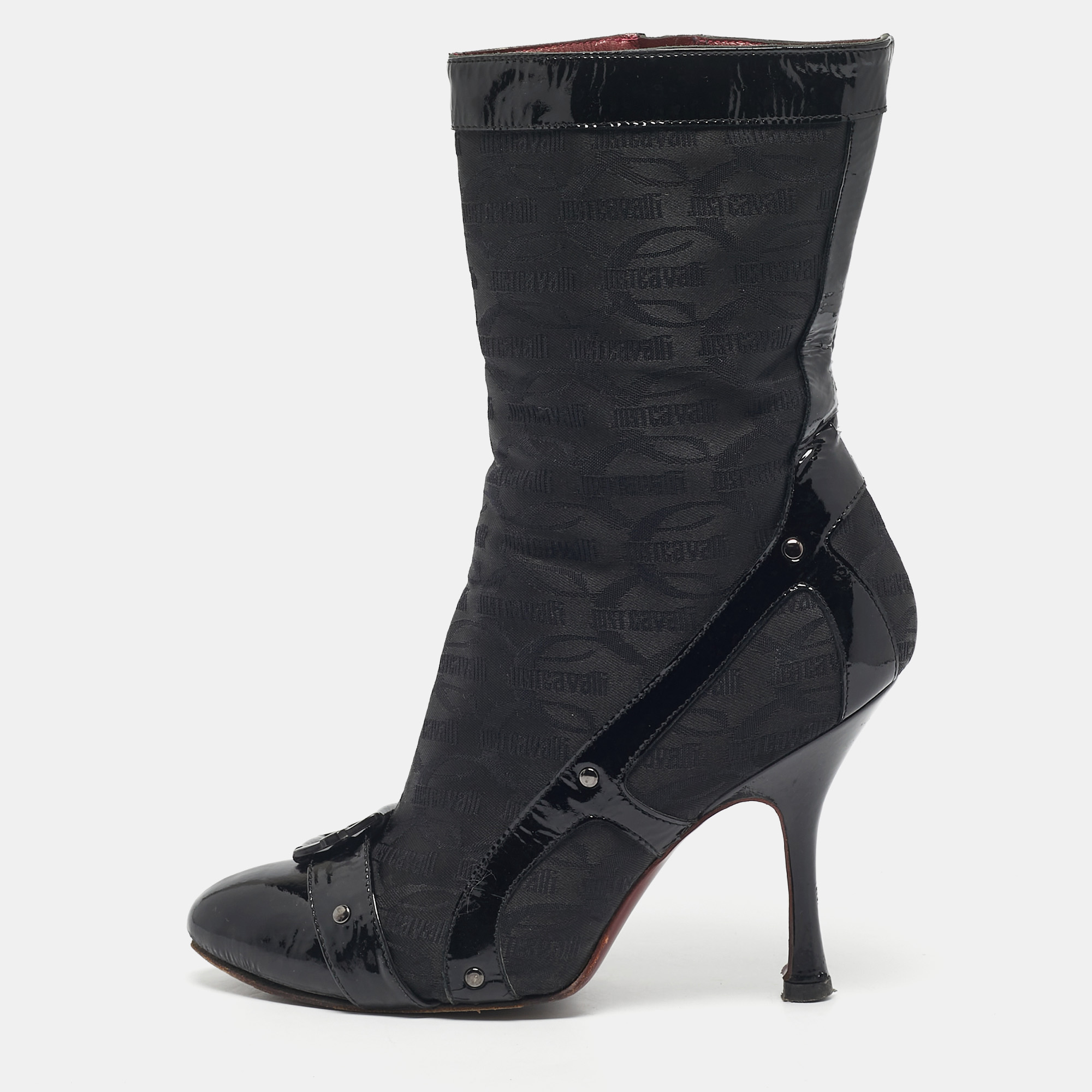 

Roberto Cavalli Black Monogram Nylon and Patent Leather Buckle Ankle Length Boots Size