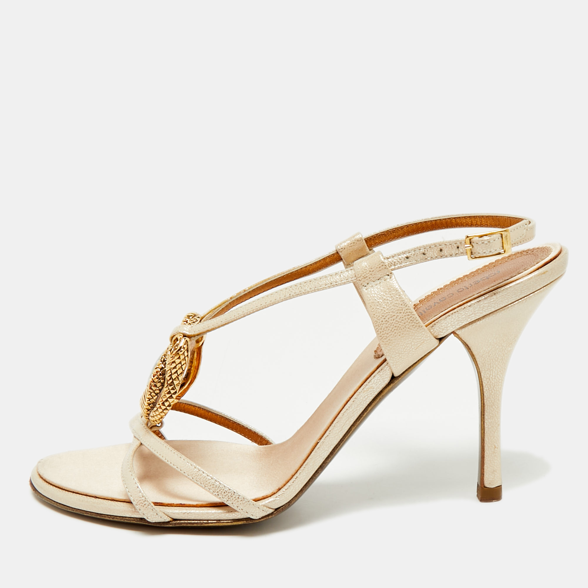 

Roberto Cavalli Beige Leather Crystals Embellished Ankle Strap Sandals Size