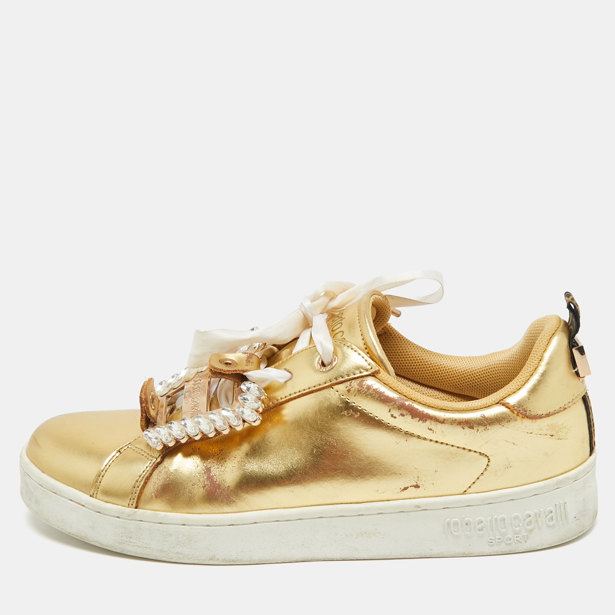 

Roberto Cavalli Gold Leather Crystal Embellished Low Top Sneakers Size