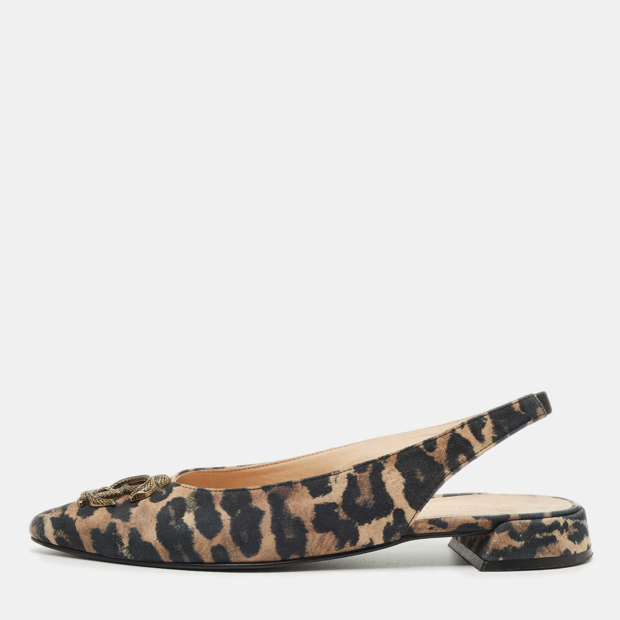 Pre-owned Roberto Cavalli Brown/black Canvas Leopard Print Slingback Flats Size 41