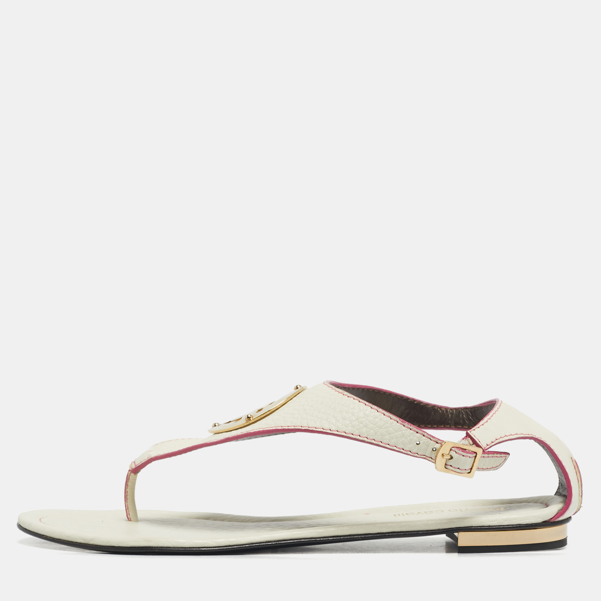 

Roberto Cavalli White/Pink Leather Gold Logo Thong Flat Sandals Size, Cream