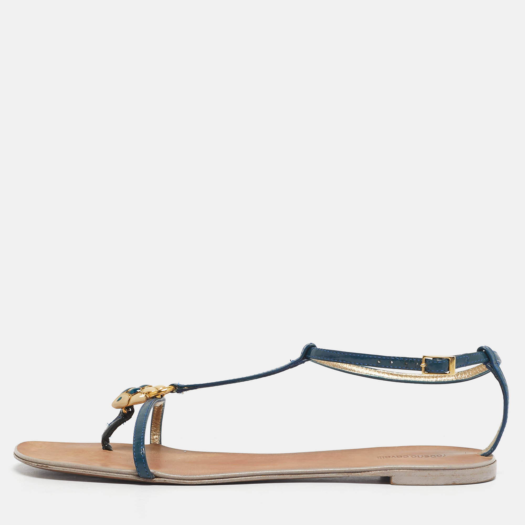 

Roberto Cavalli Blue Patent Leather Embellished Thong Flat Sandals Size