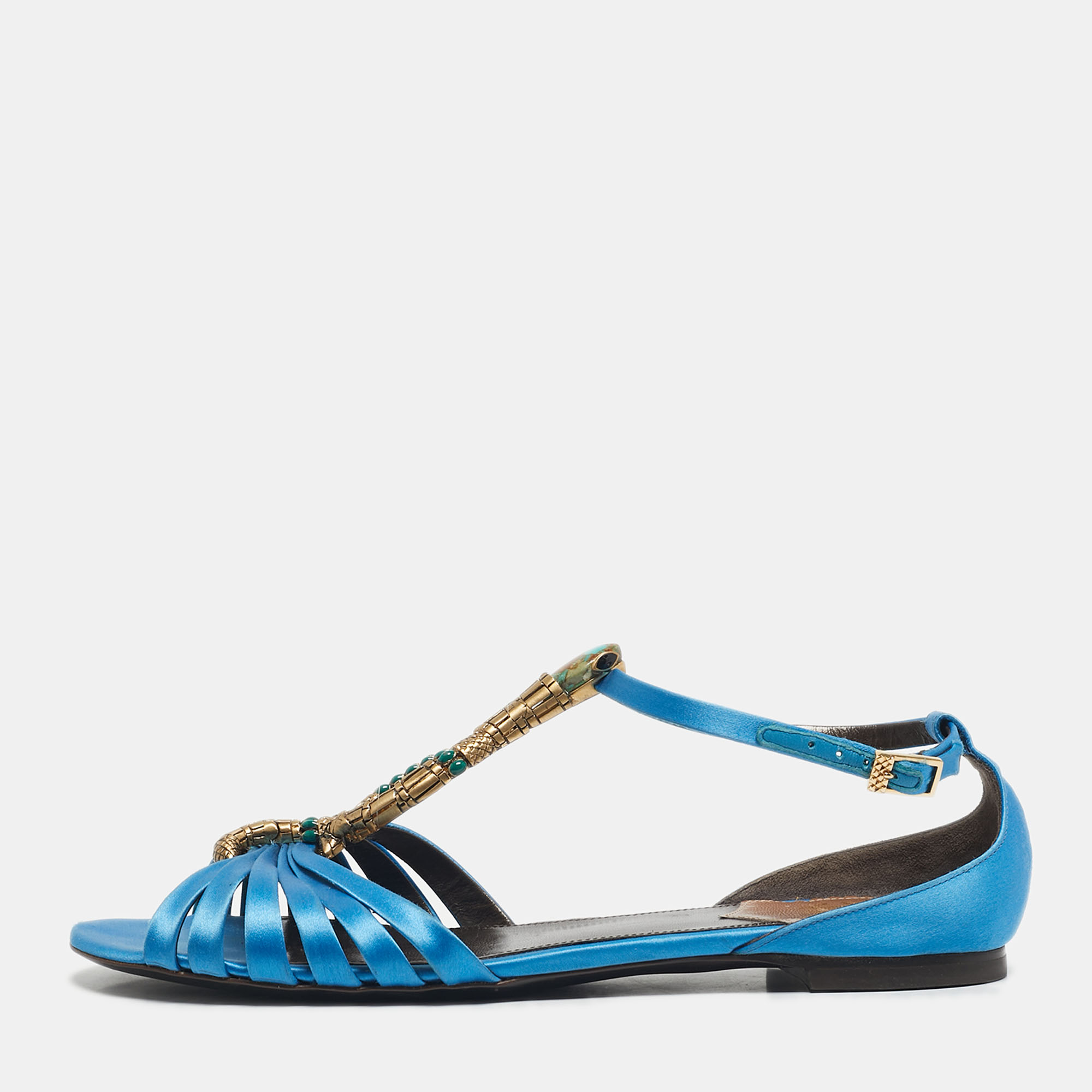

Roberto Cavalli Blue Satin snake Logo T-Strap Flat Sandals Size