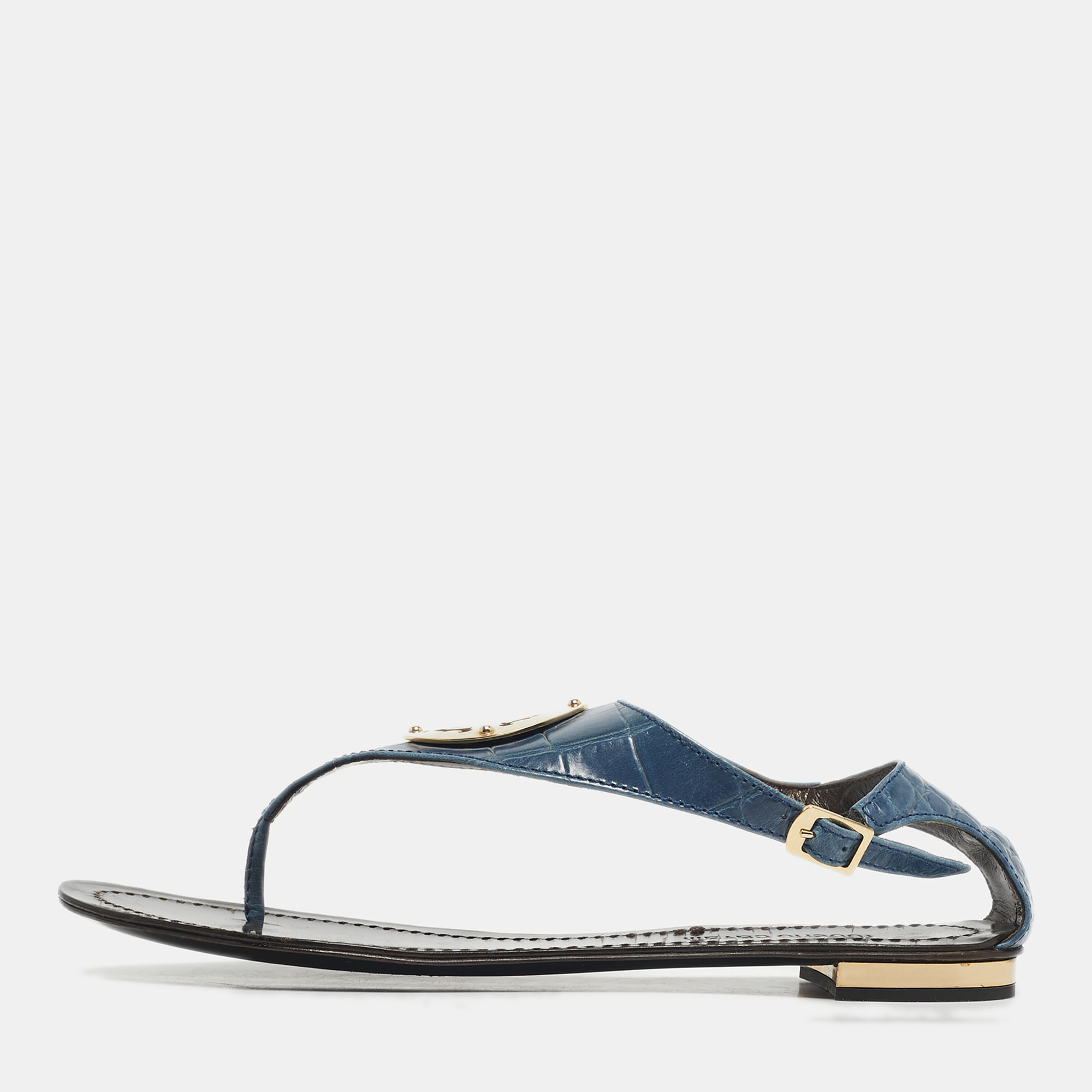 

Roberto Cavalli Blue Croc Embossed Leather Thong Ankle Strap Flat Sandals Size