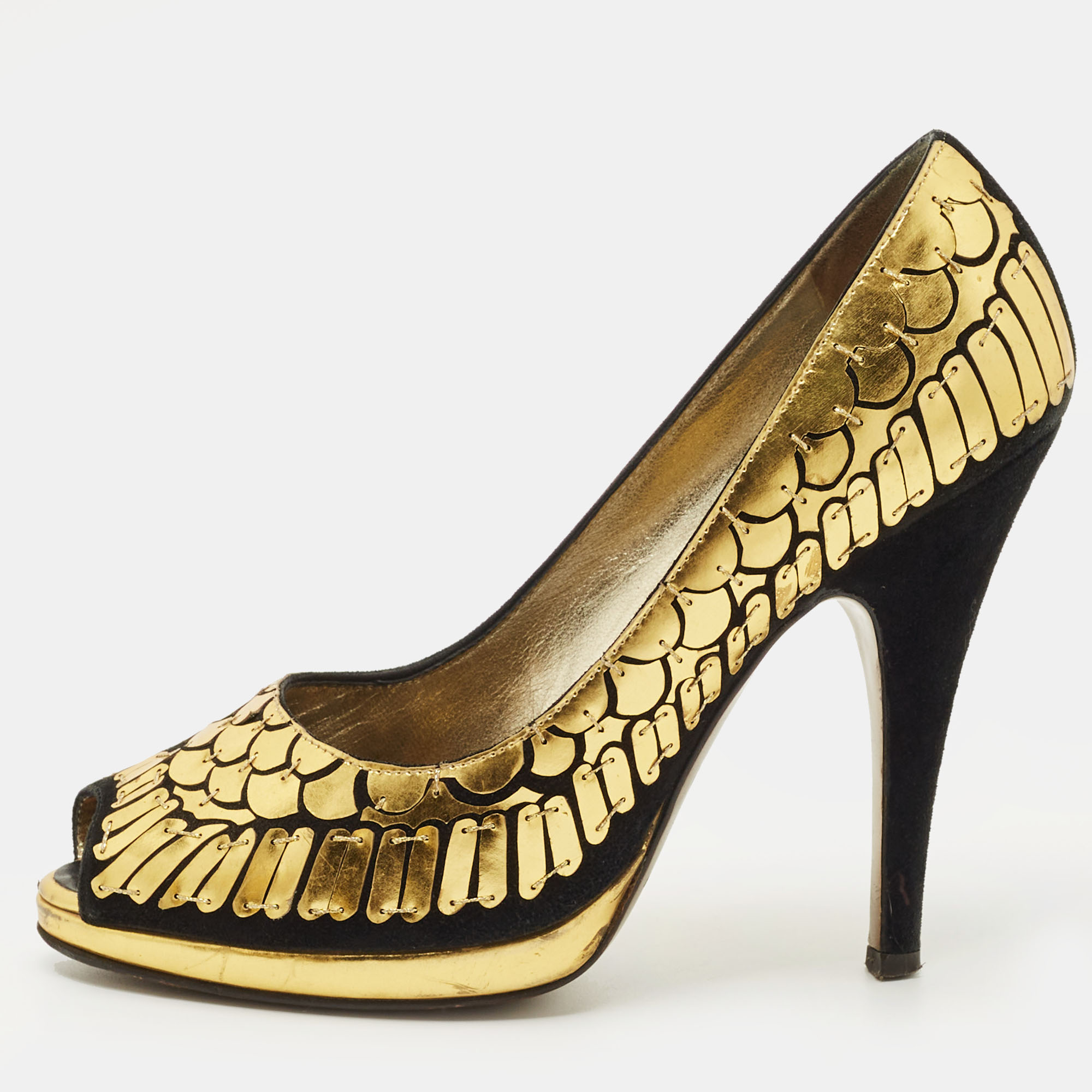 Pre-owned Roberto Cavalli Black/gold Suede Scale Embellish Peep Toe Pumps Size 36.5