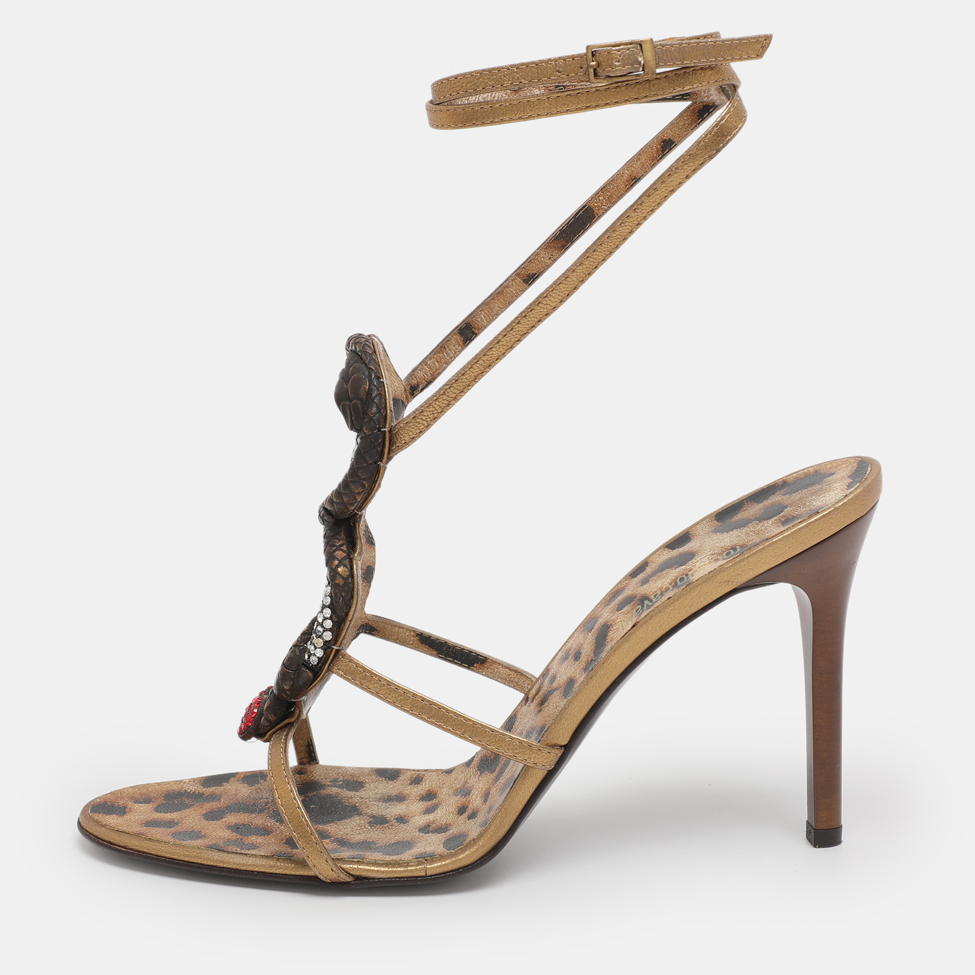 

Roberto Cavalli Gold Leather Heart Snake Ankle Strap Sandals Size 38