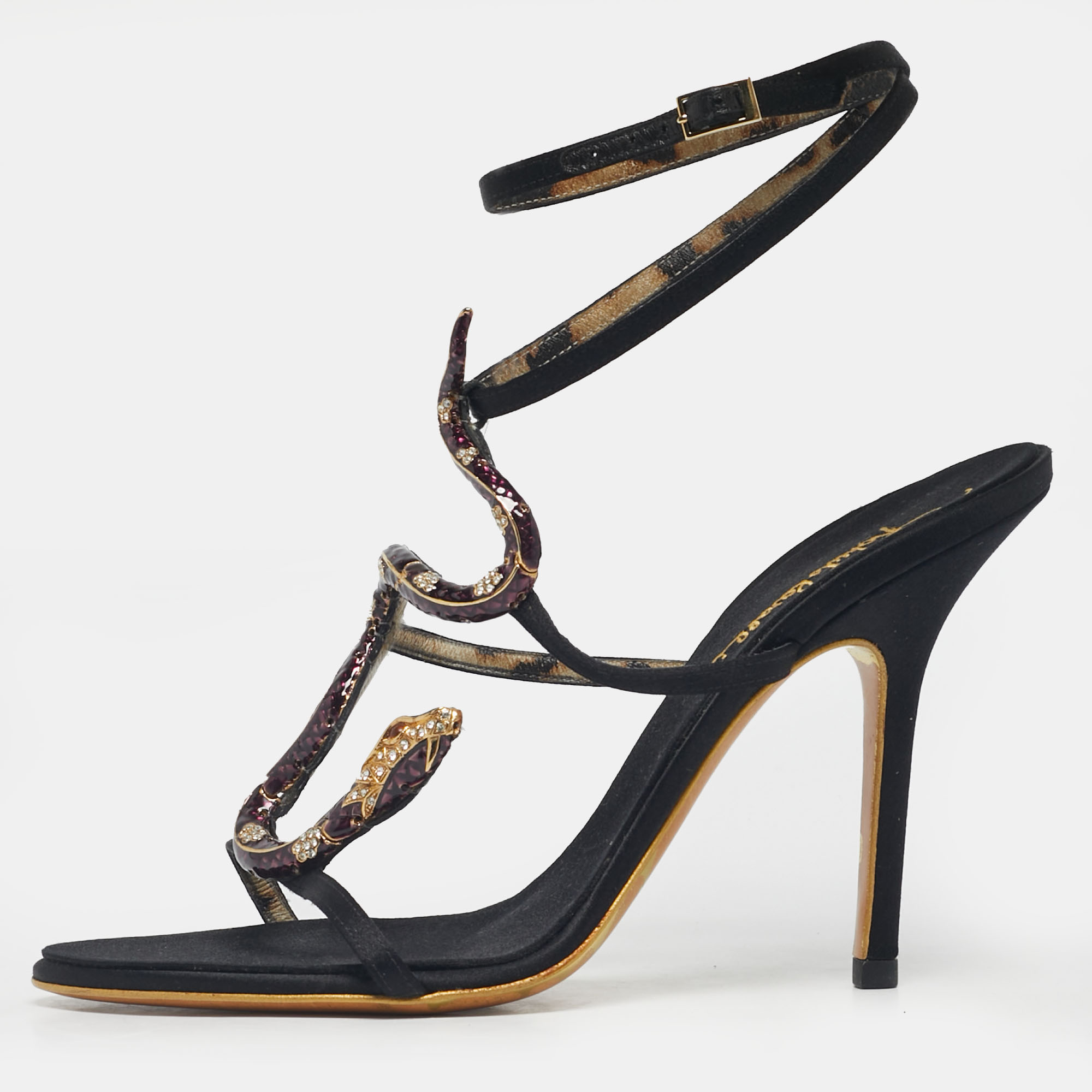 Pre-owned Roberto Cavalli Black Satin Heart Snake Ankle Strap Sandals Size 40