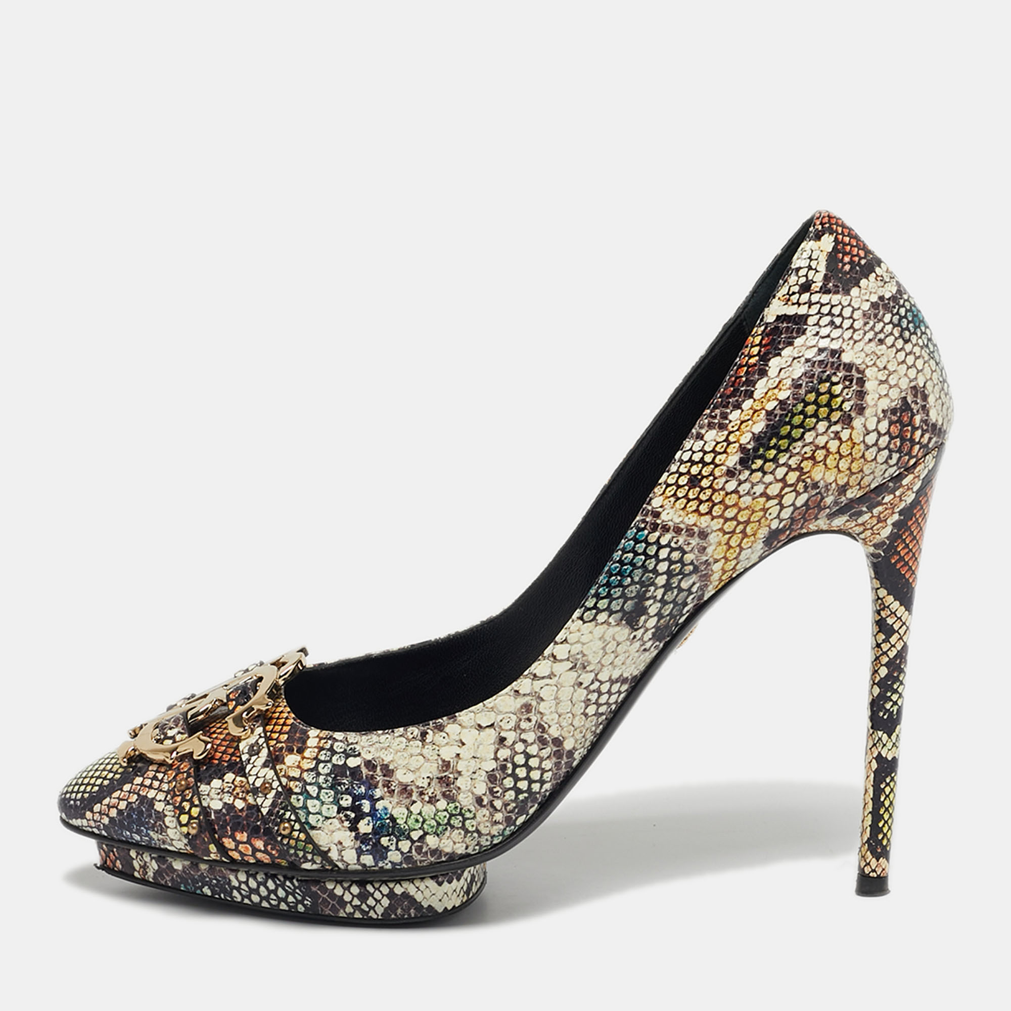 Pre-owned Roberto Cavalli Size 41 Multicolor Python Embossed Leather Pointed Toe Platform Pumps
