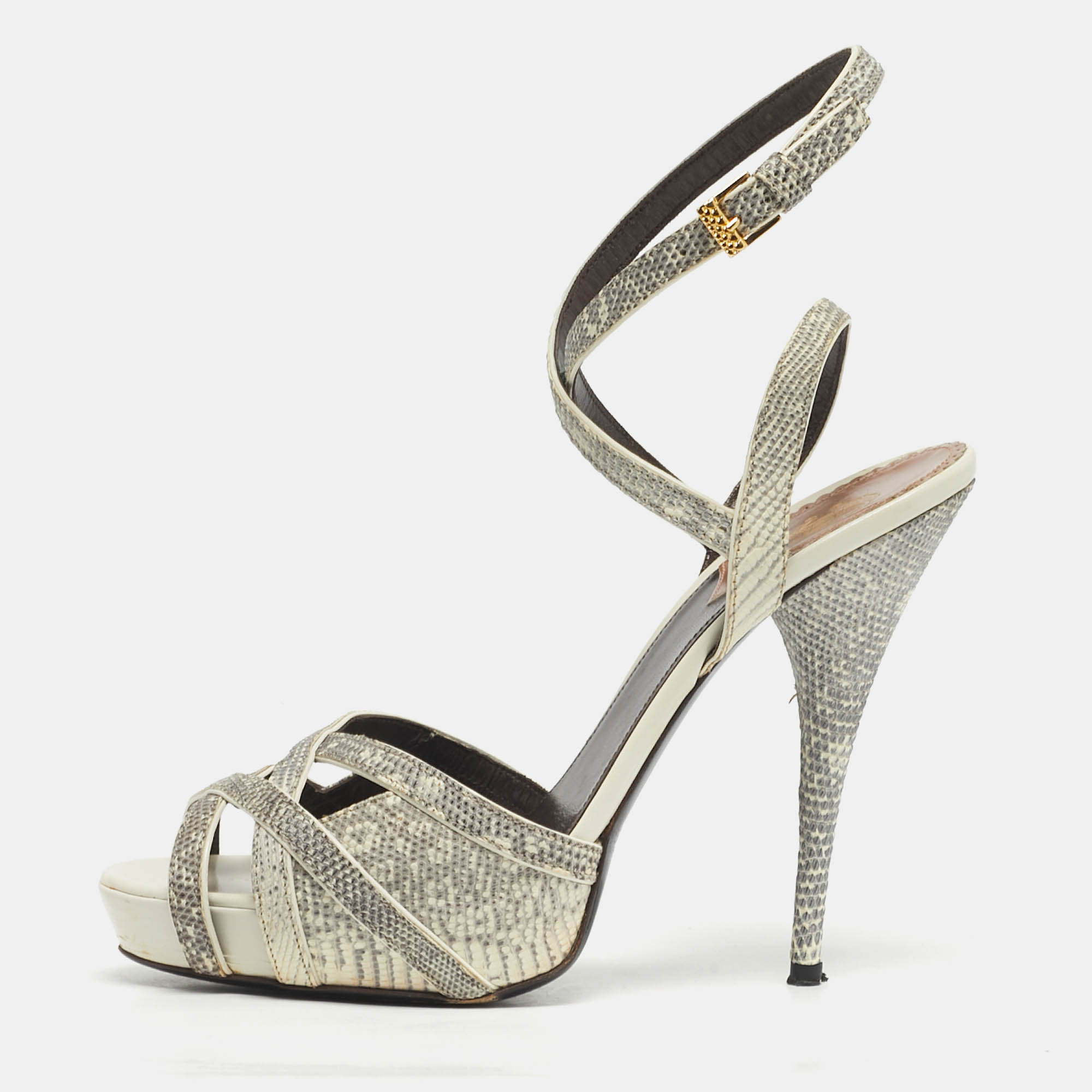 Click to view more detailed imagery on our partner's website Pre-owned Roberto Cavalli Size 39 Grey Lizard Embossed Leather Ankle Strap Sandals In Gray