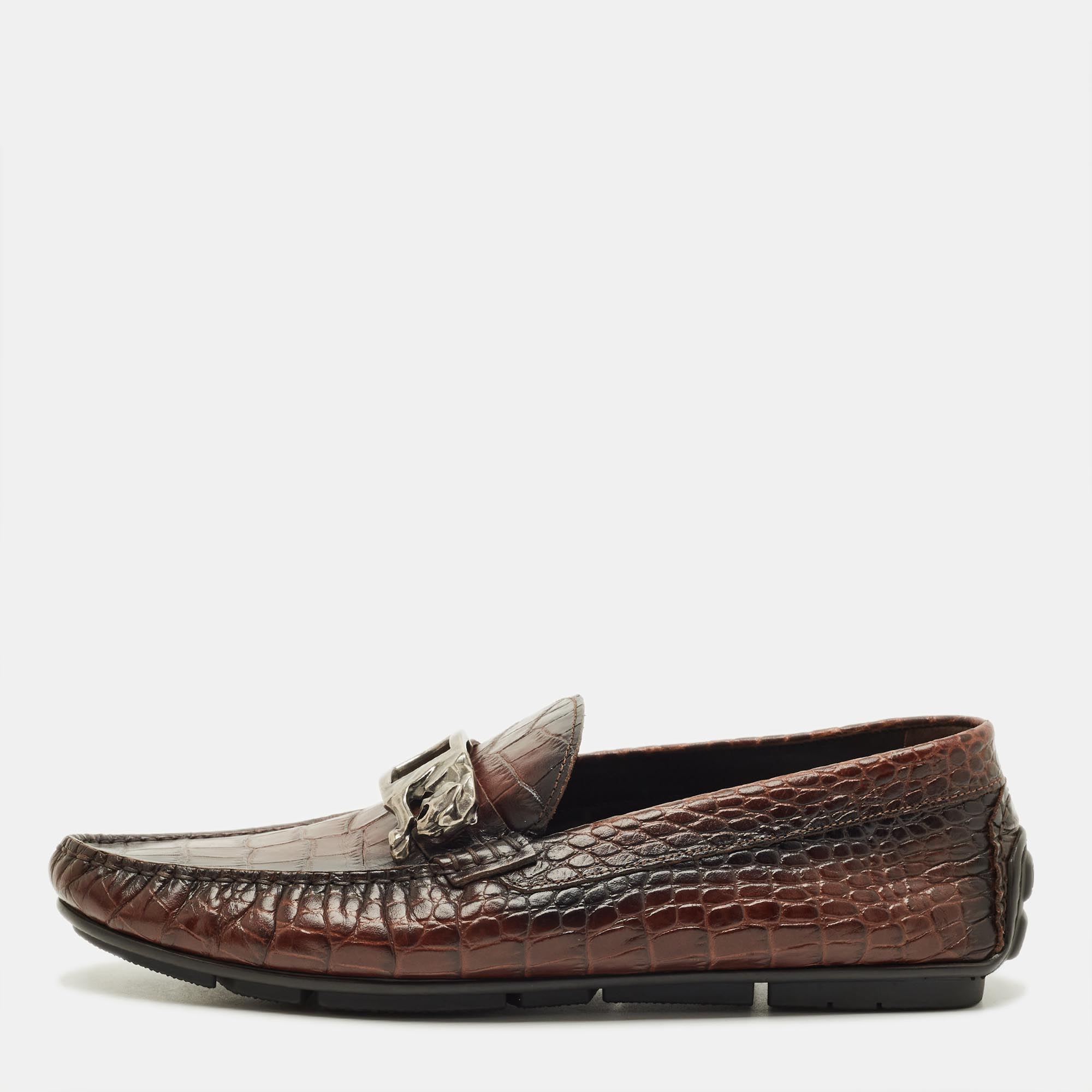 Pre-owned Roberto Cavalli Size 42 Brown Croc Embossed Leather Slip On Loafers