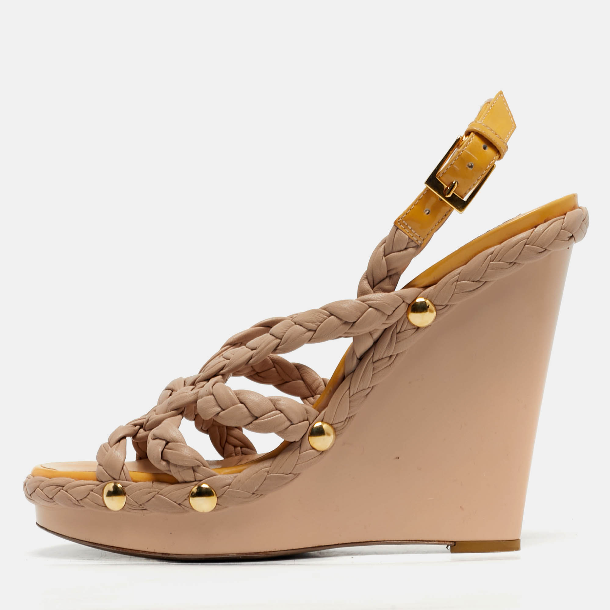 

Roberto Cavalli Size  Beige Woven Leather Wedge Sandals