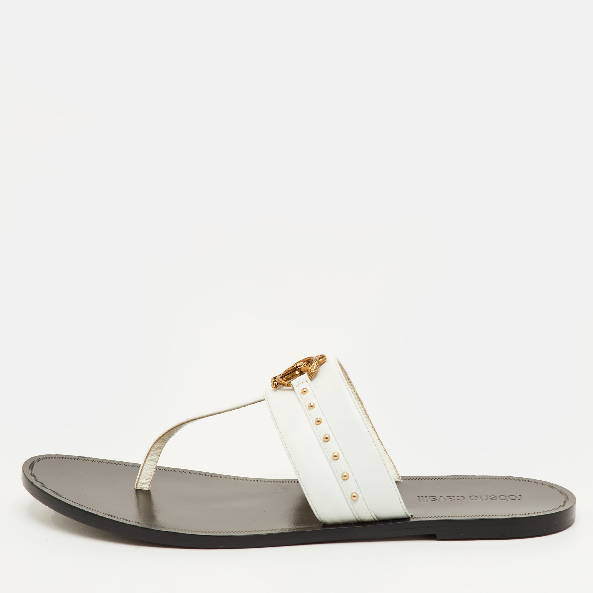

Roberto Cavalli Studded Size  White Leather Thong Flats