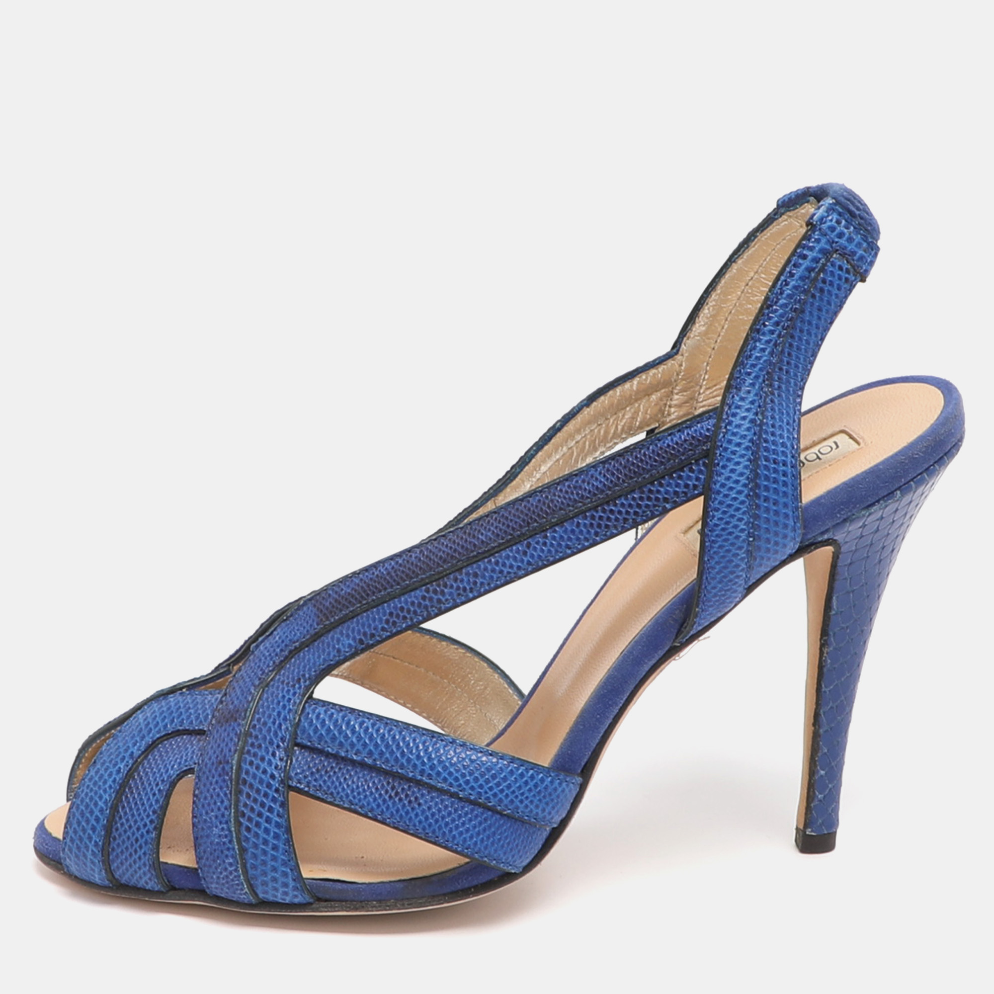 

Roberto Cavalli Size 38 Blue Karung Leather Slingback Sandals