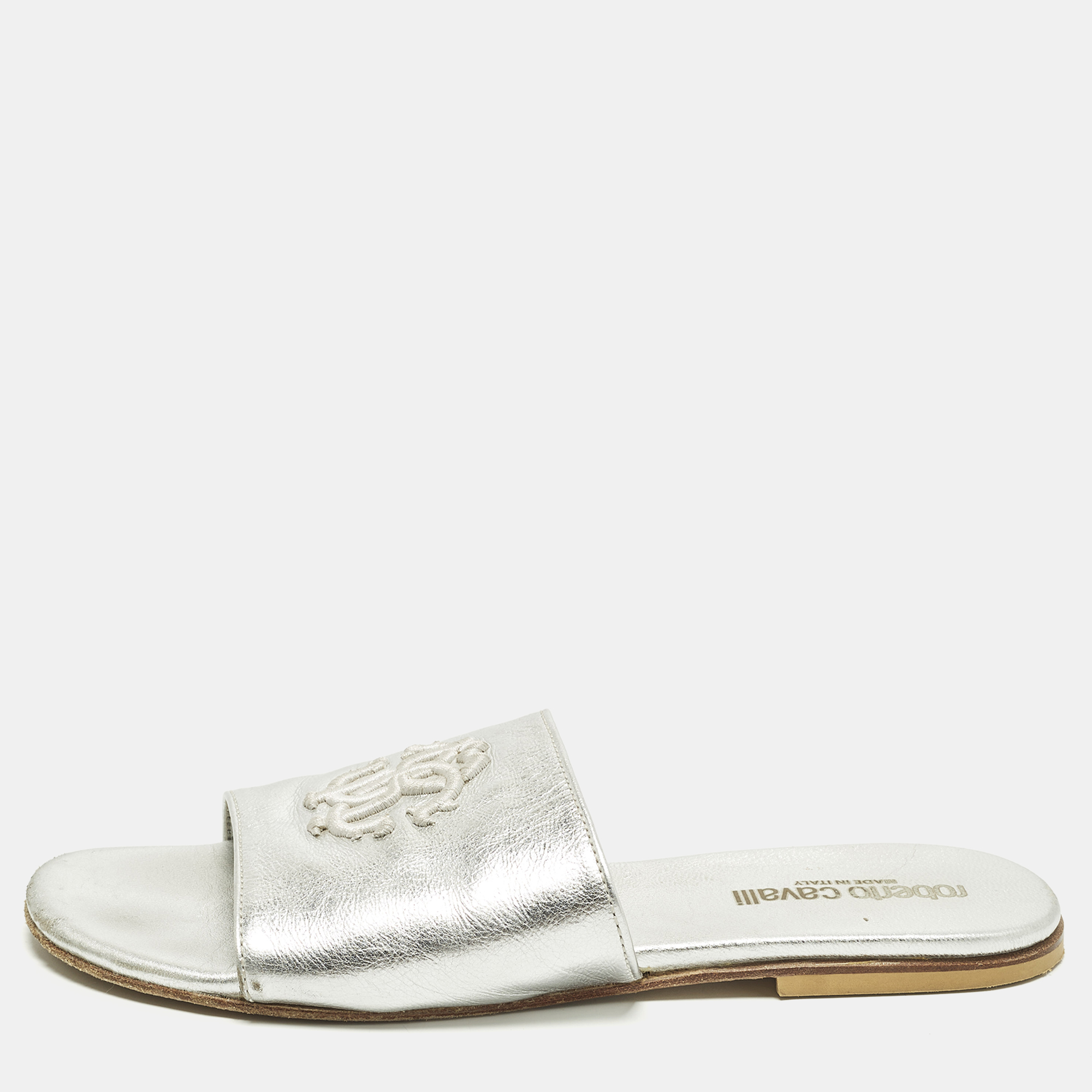 

Roberto Cavalli Size  Silver Leather Logo Embroidered Flat Slide