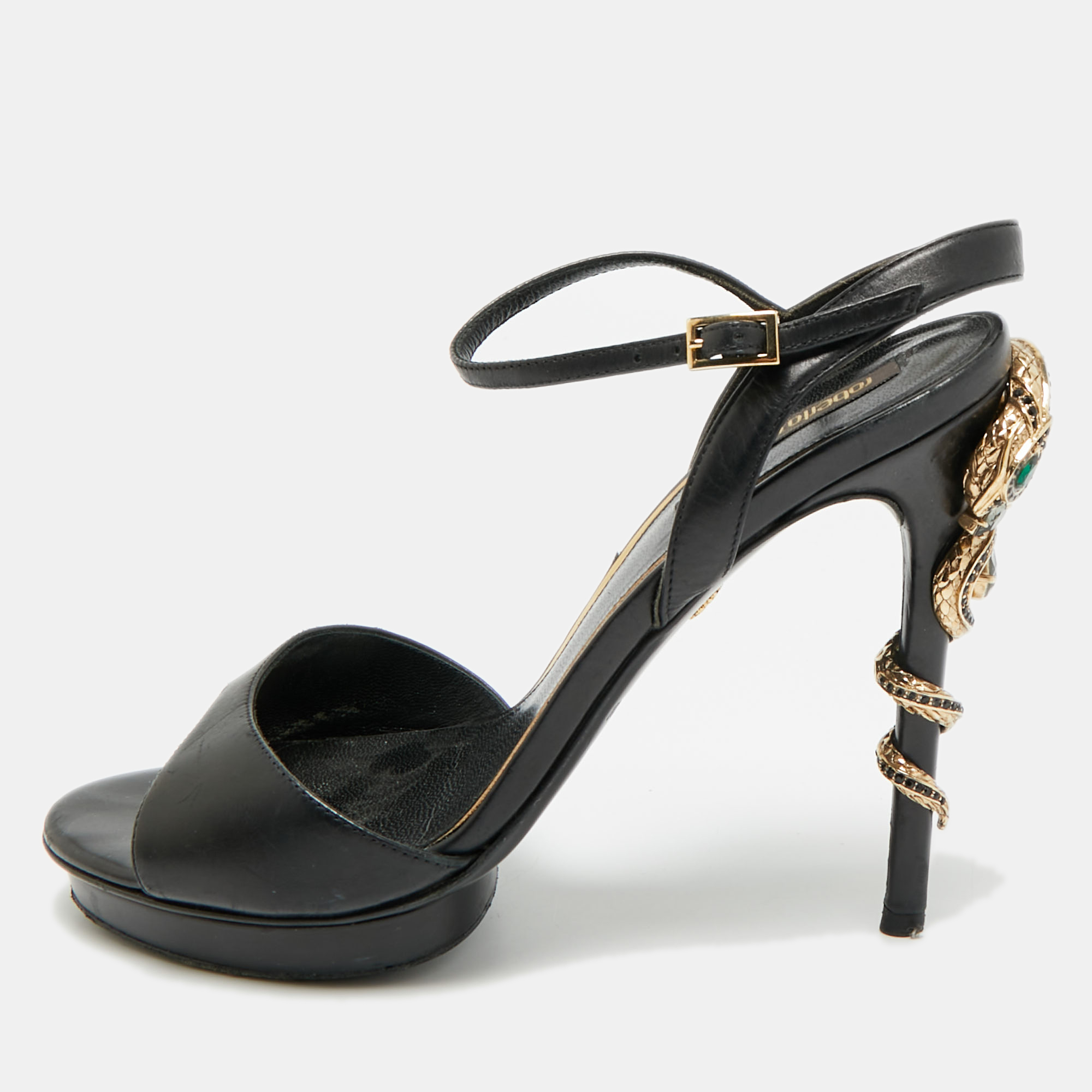

Roberto Cavalli Size  Black Satin Snake Embellished Ankle Strap Sandals