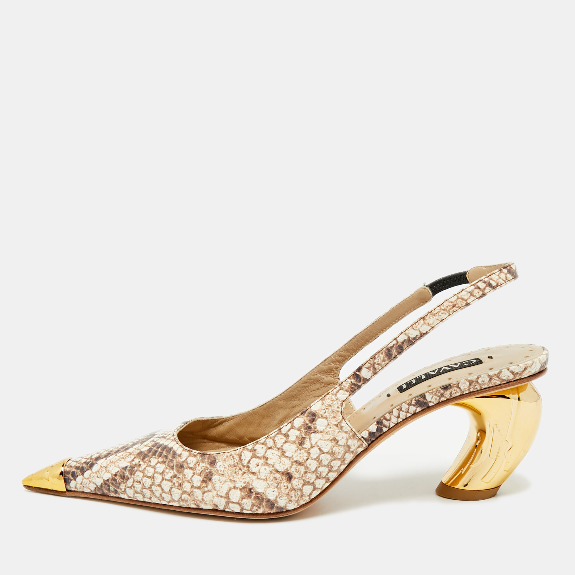 

Roberto Cavalli Size  Two Tone Python Embossed Leather Pointed Toe Slingback Pumps, Beige
