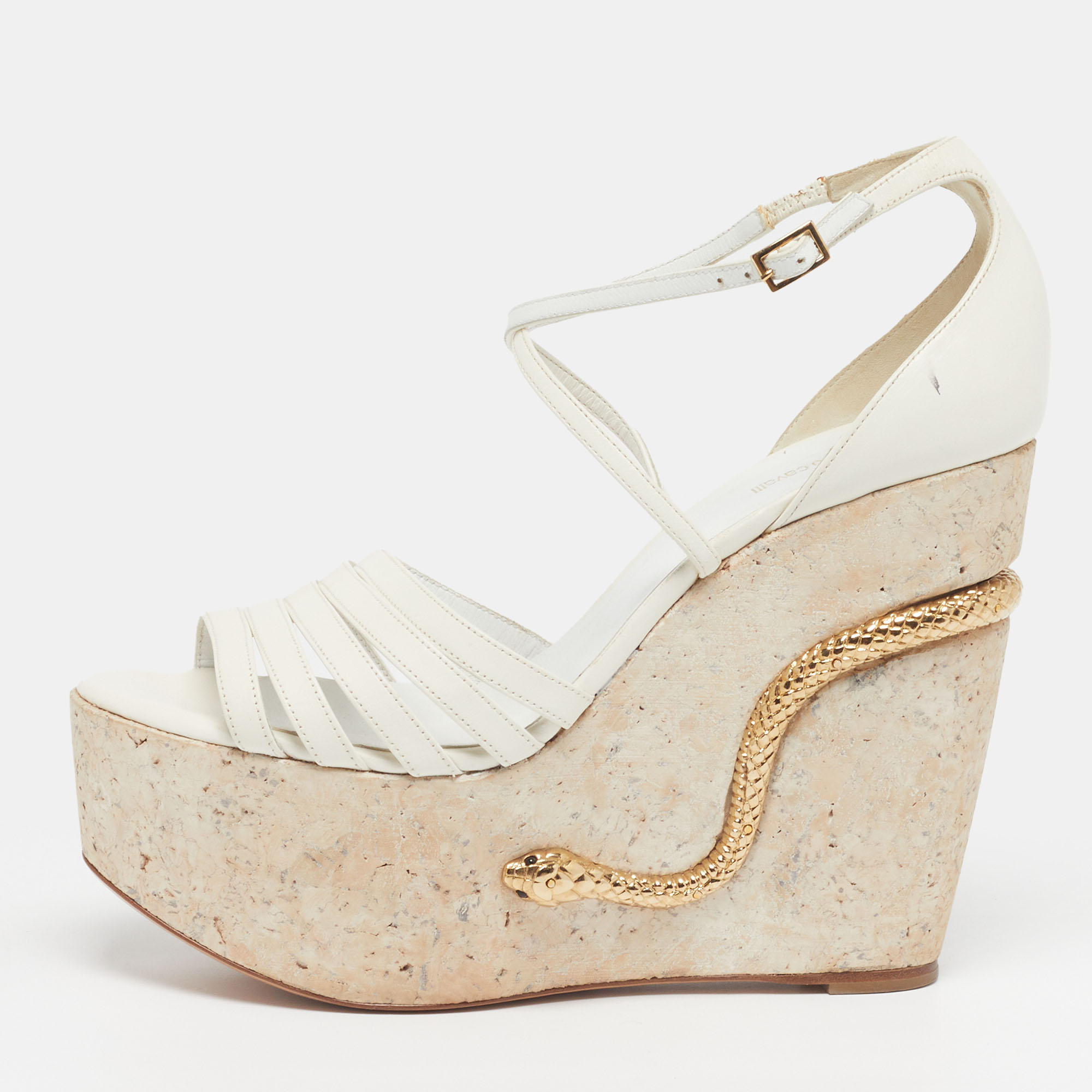 

Roberto Cavalli Size  White Leather Snake Detail Cork Platform Wedge Sandals
