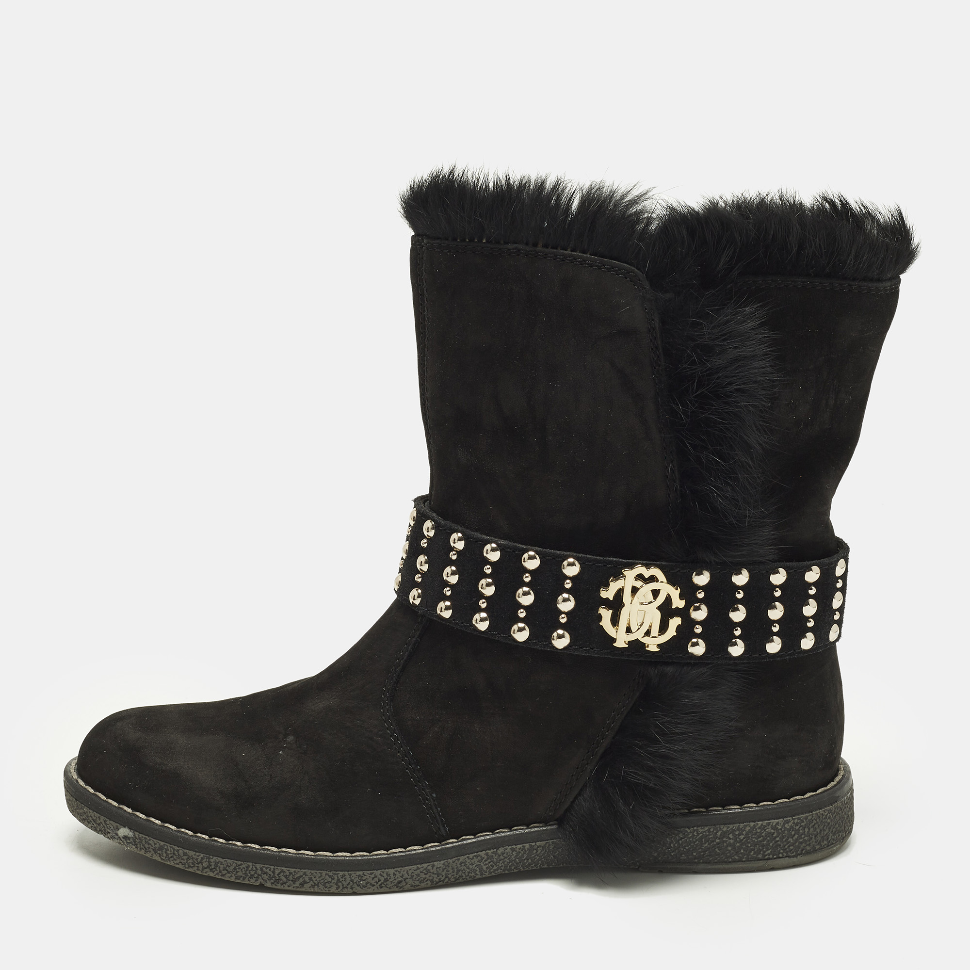 

Roberto Cavalli Biker Size  Black Suede And Fur Ankle Length Boots