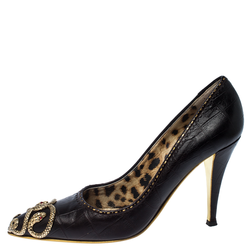 

Roberto Cavalli Black Crocodile Embossed Leather Snake Embellished Pointed Toe Pumps Size, Brown