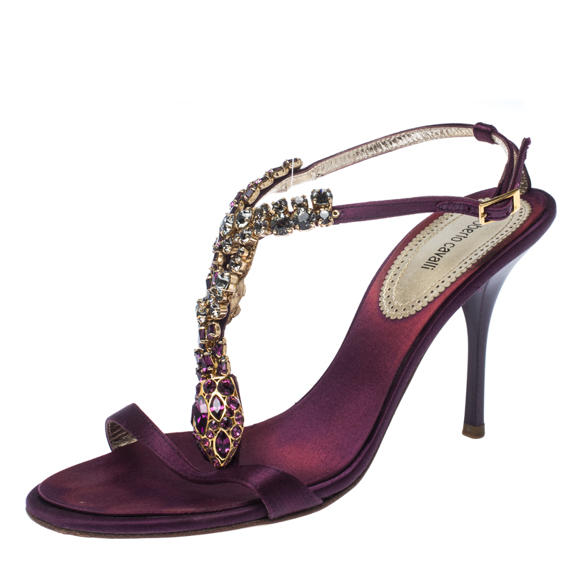 Pre Owned Roberto Cavalli Purple Satin Crystals Embellished T Strap Sandals Size 39