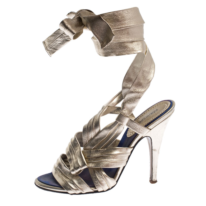 

Roberto Cavalli Metallic Gold Leather Ankle Wrap Strappy Sandals Size