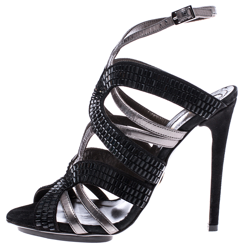 

Roberto Cavalli Metallic Leather And Black Crystal Ankle Strap Sandals Size