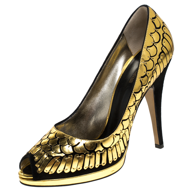 

Roberto Cavalli Black Suede And Metallic Gold Leather Fish Scale Peep Toe Pumps Size