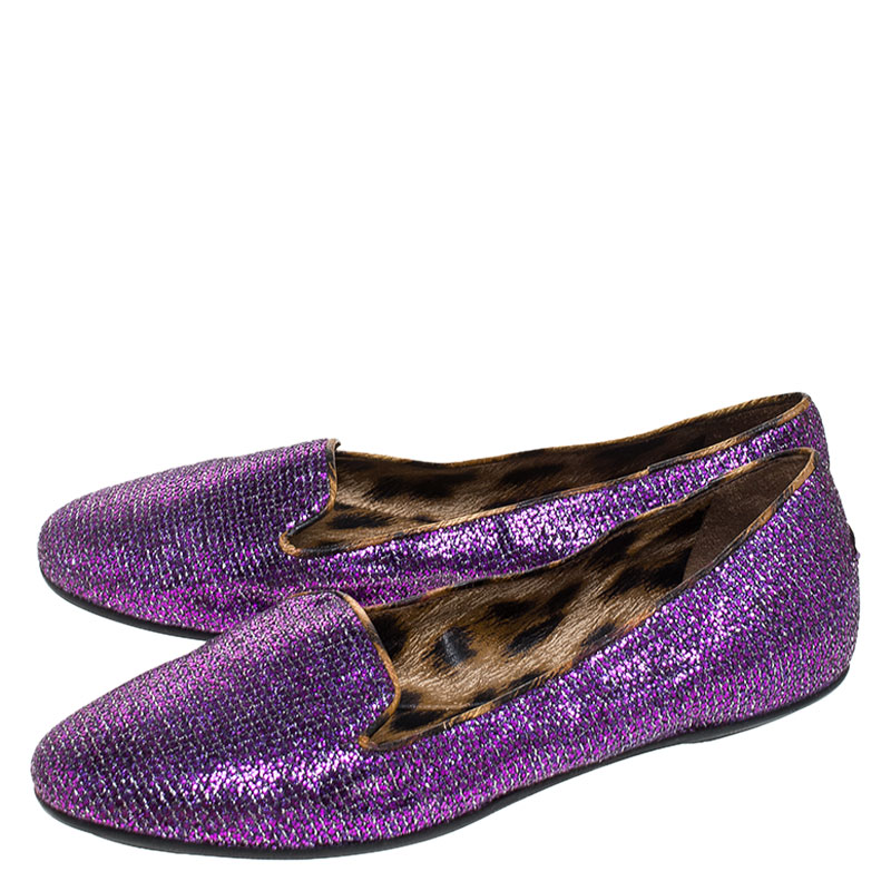 Pre-owned Roberto Cavalli Glitter Fabric Slip On Loafers Size 36 In Purple