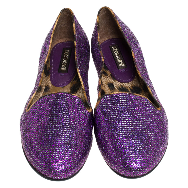 Pre-owned Roberto Cavalli Glitter Fabric Slip On Loafers Size 36 In Purple