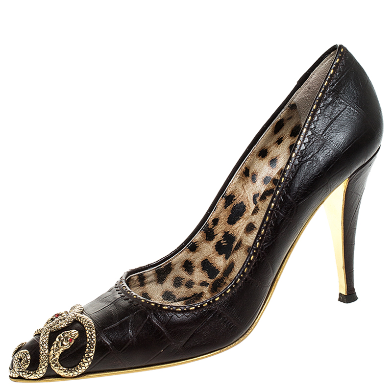 مملوكة مسبقًا حذاء كعب عالي روبرتو كافالي مقدمة مدببة مزخرف ثعبان وجلد منقوش بني مقاس 38